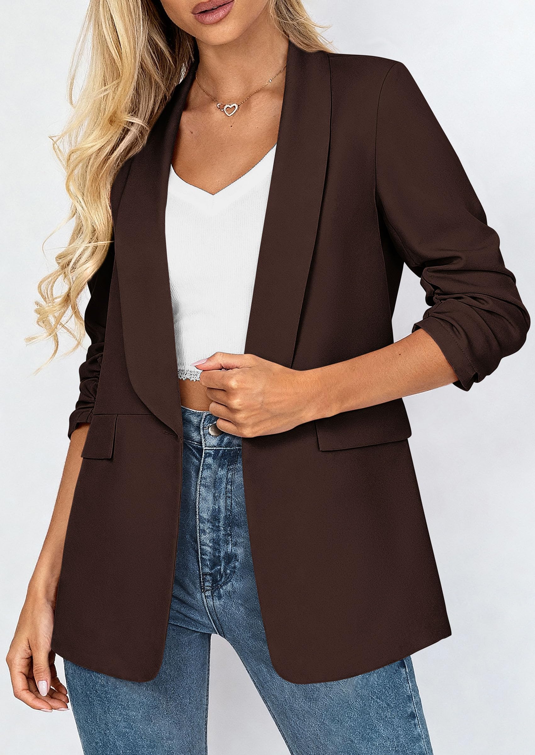 PRETTYGARDEN Women's Spring Blazers Business Casual Outfits Open Front Ruched 3/4 Sleeve Lightweight Work Suits Jackets - Image 23
