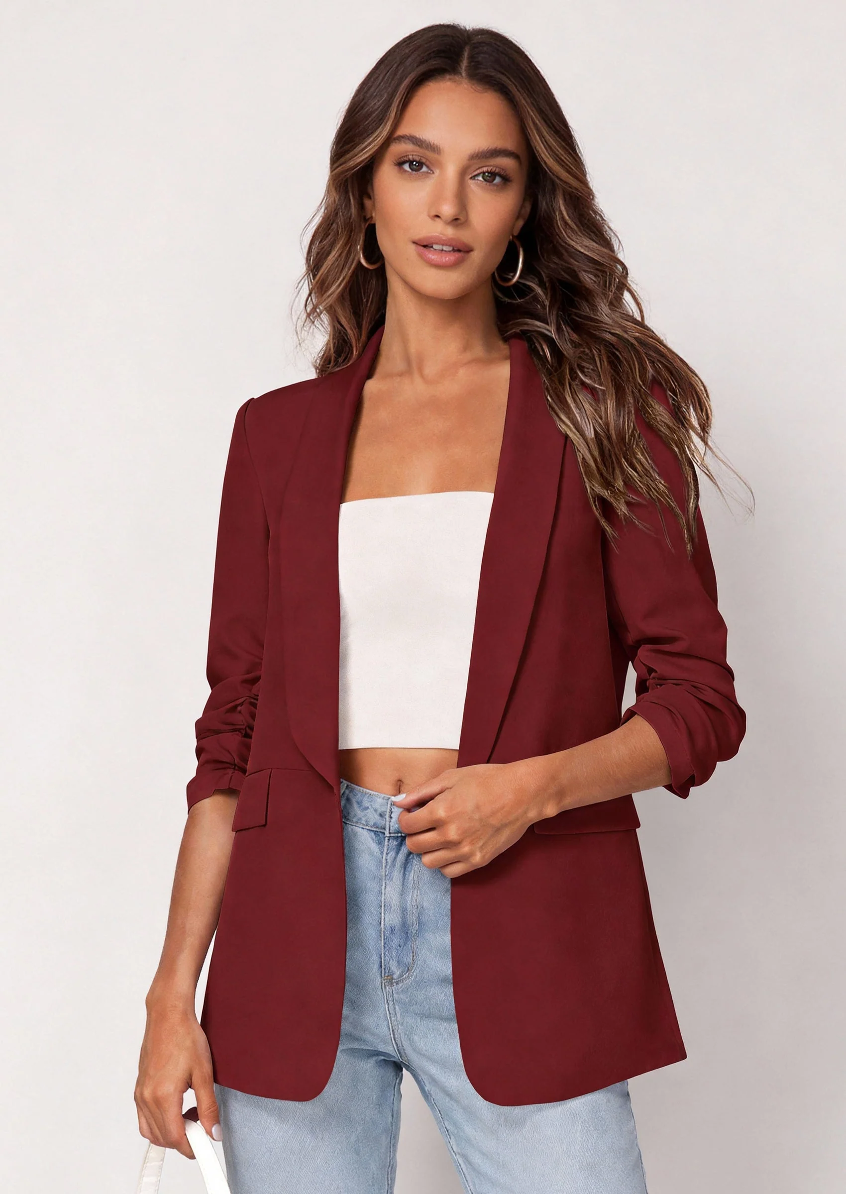 PRETTYGARDEN Women's Spring Blazers Business Casual Outfits Open Front Ruched 3/4 Sleeve Lightweight Work Suits Jackets - Image 26