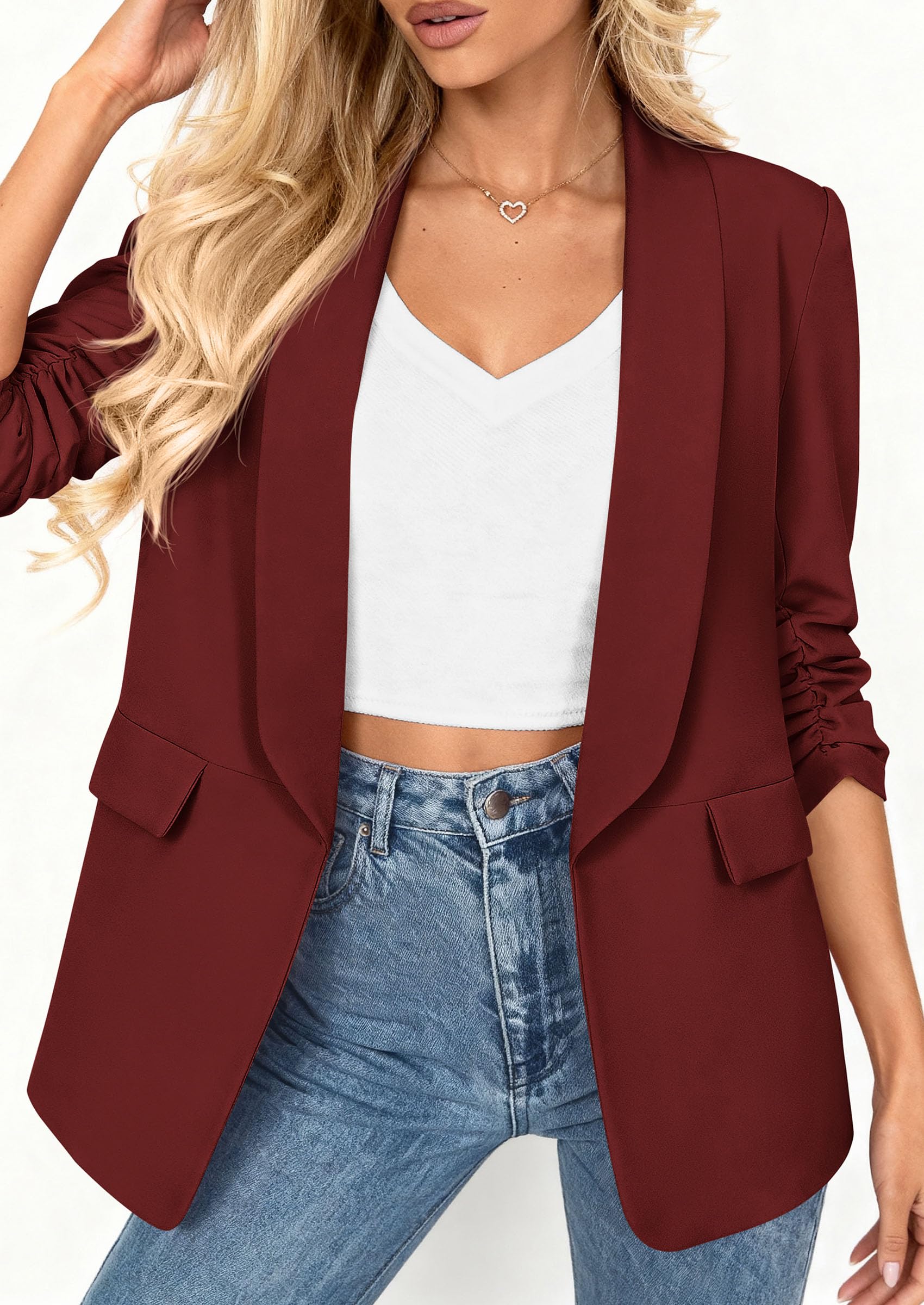 PRETTYGARDEN Women's Spring Blazers Business Casual Outfits Open Front Ruched 3/4 Sleeve Lightweight Work Suits Jackets - Image 27