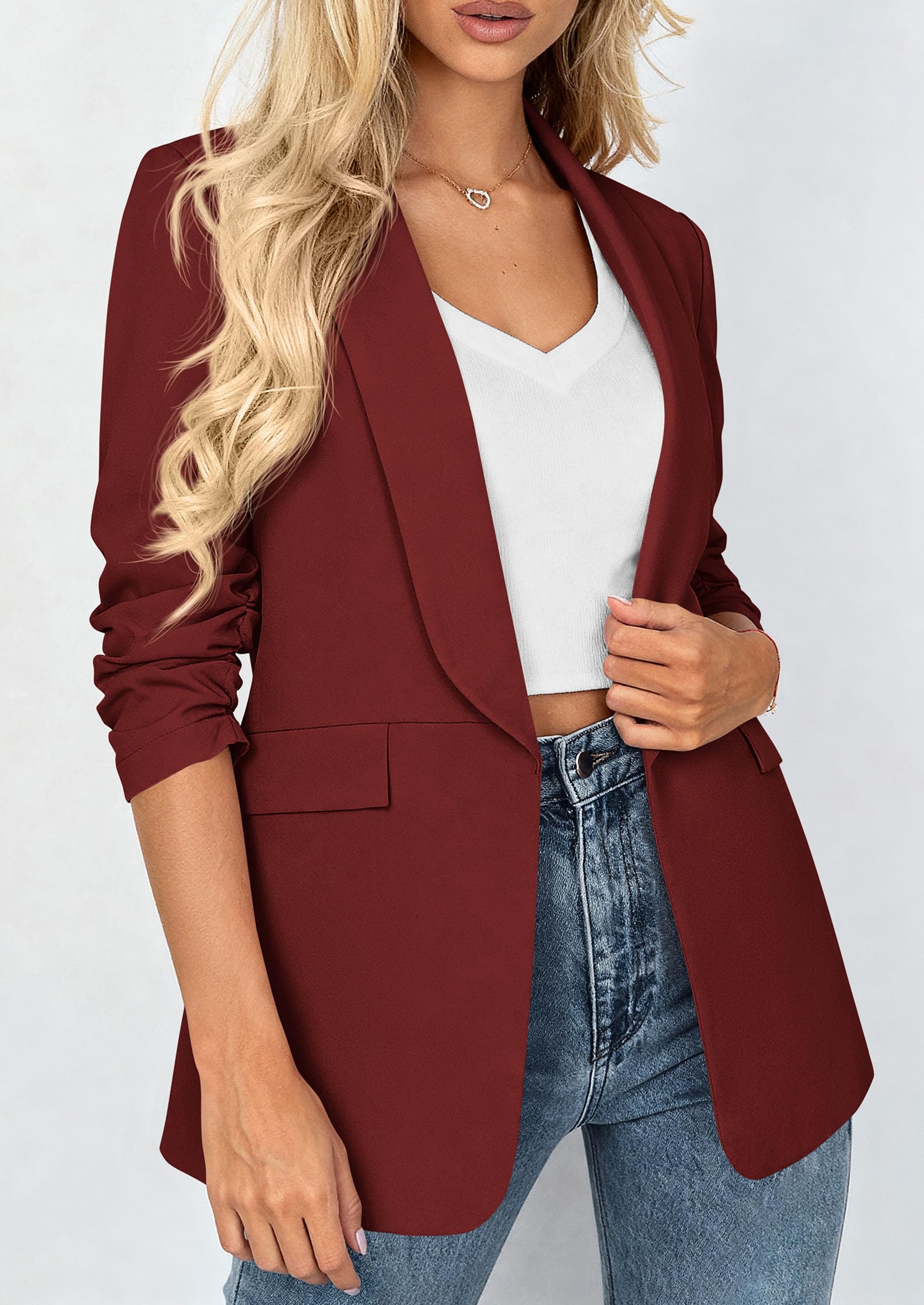 PRETTYGARDEN Women's Spring Blazers Business Casual Outfits Open Front Ruched 3/4 Sleeve Lightweight Work Suits Jackets - Image 29