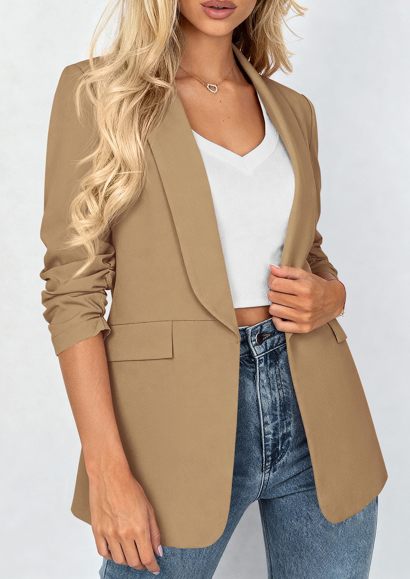 PRETTYGARDEN Women's Spring Blazers Business Casual Outfits Open Front Ruched 3/4 Sleeve Lightweight Work Suits Jackets - Image 3
