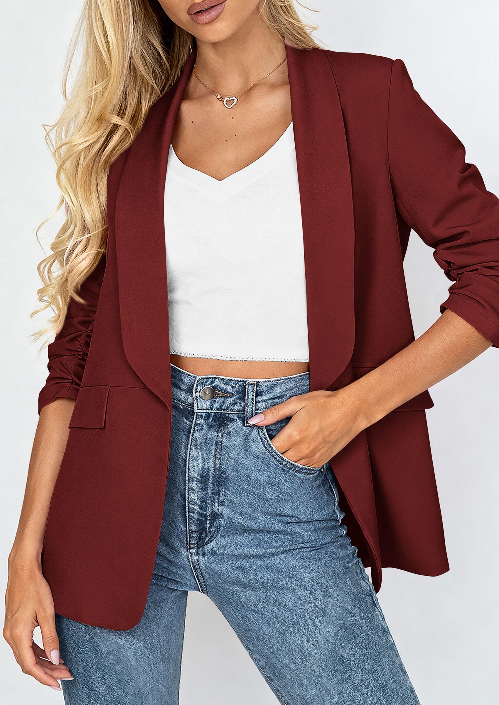 PRETTYGARDEN Women's Spring Blazers Business Casual Outfits Open Front Ruched 3/4 Sleeve Lightweight Work Suits Jackets - Image 30