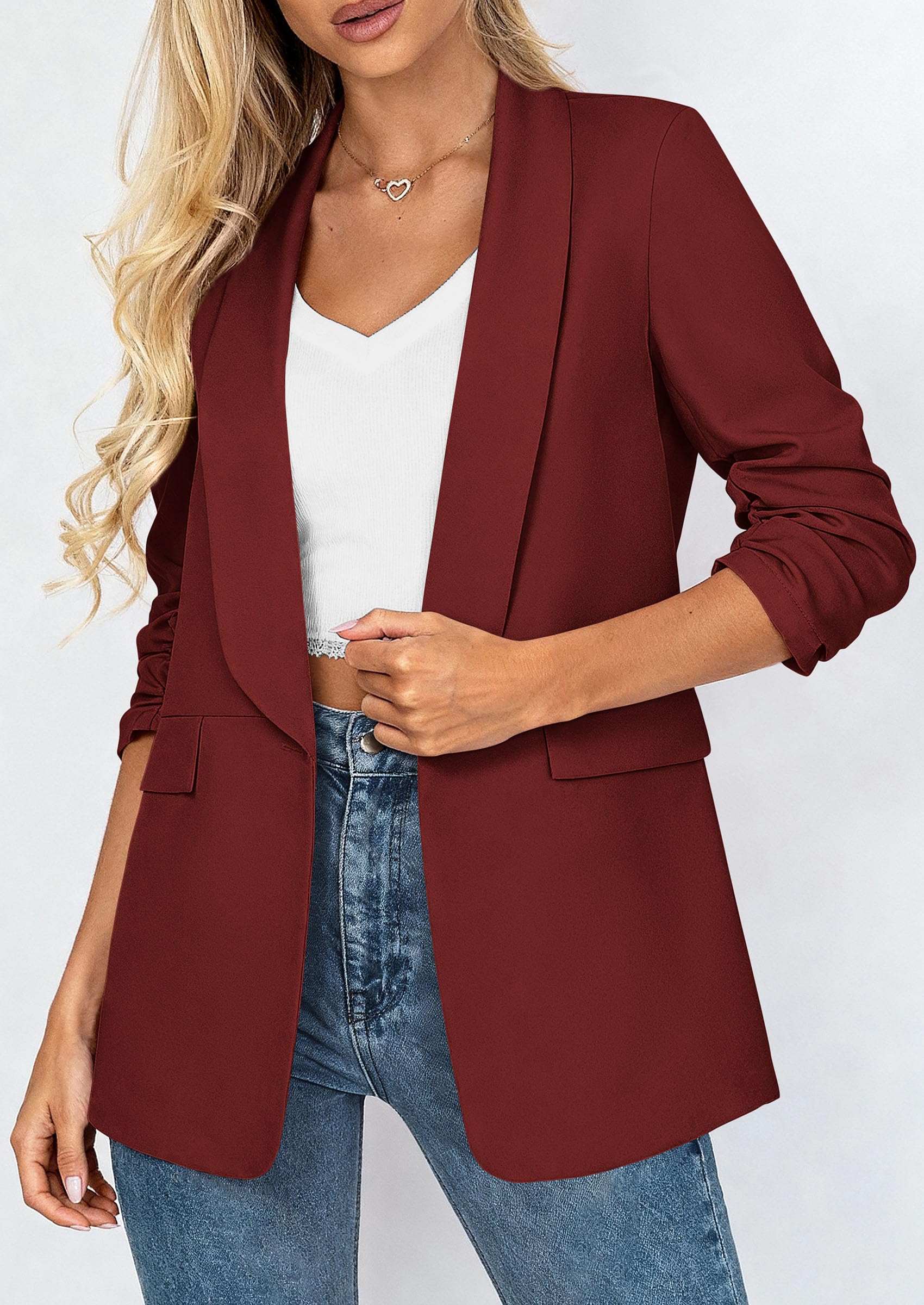 PRETTYGARDEN Women's Spring Blazers Business Casual Outfits Open Front Ruched 3/4 Sleeve Lightweight Work Suits Jackets - Image 31
