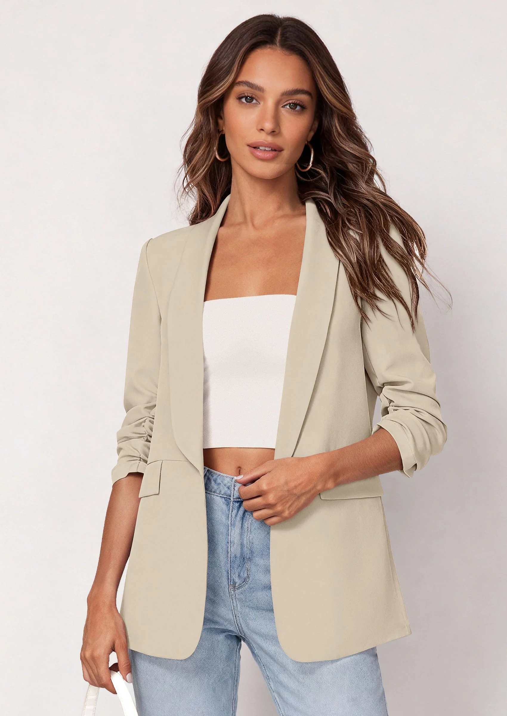 PRETTYGARDEN Women's Spring Blazers Business Casual Outfits Open Front Ruched 3/4 Sleeve Lightweight Work Suits Jackets - Image 32