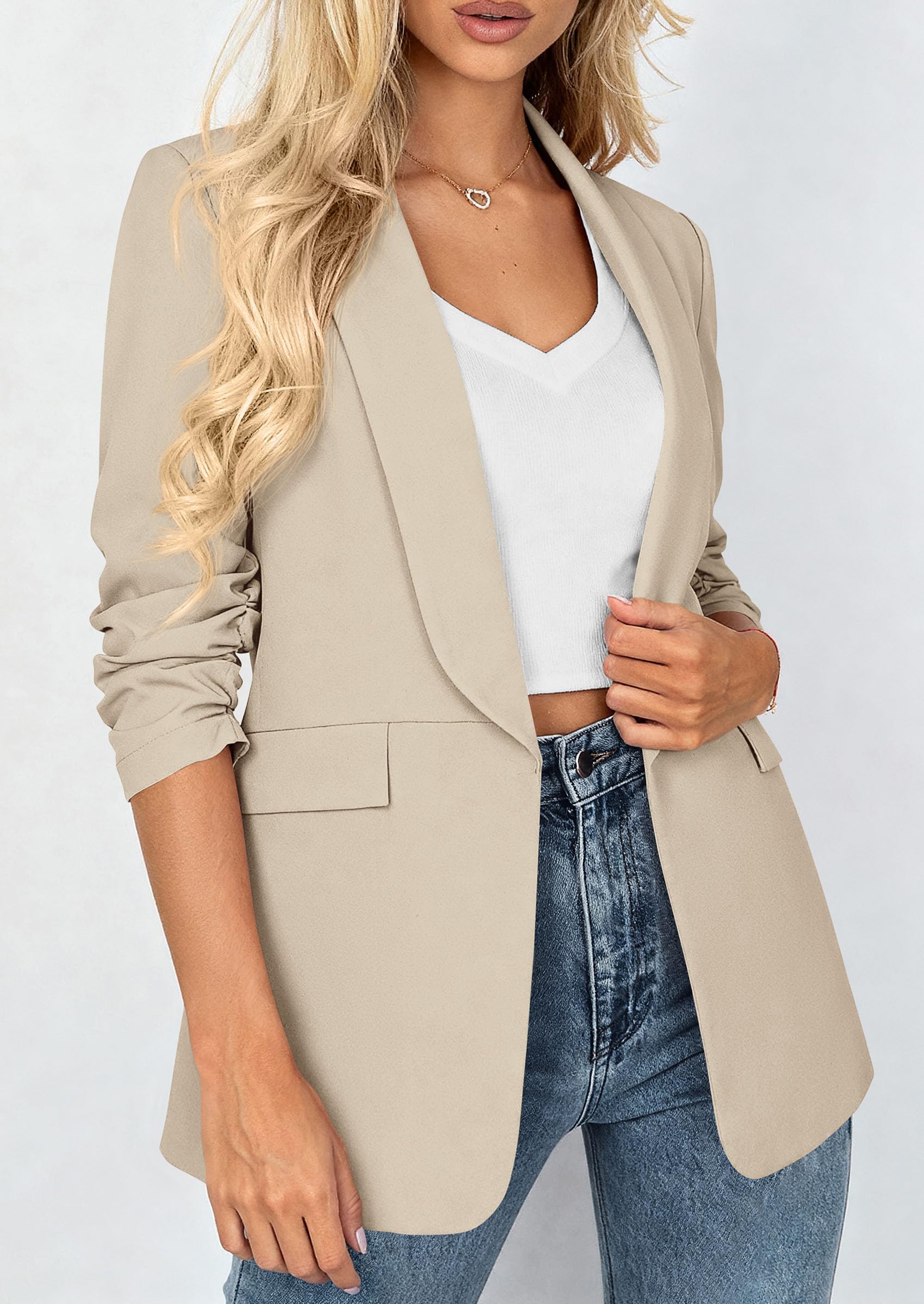 PRETTYGARDEN Women's Spring Blazers Business Casual Outfits Open Front Ruched 3/4 Sleeve Lightweight Work Suits Jackets - Image 34