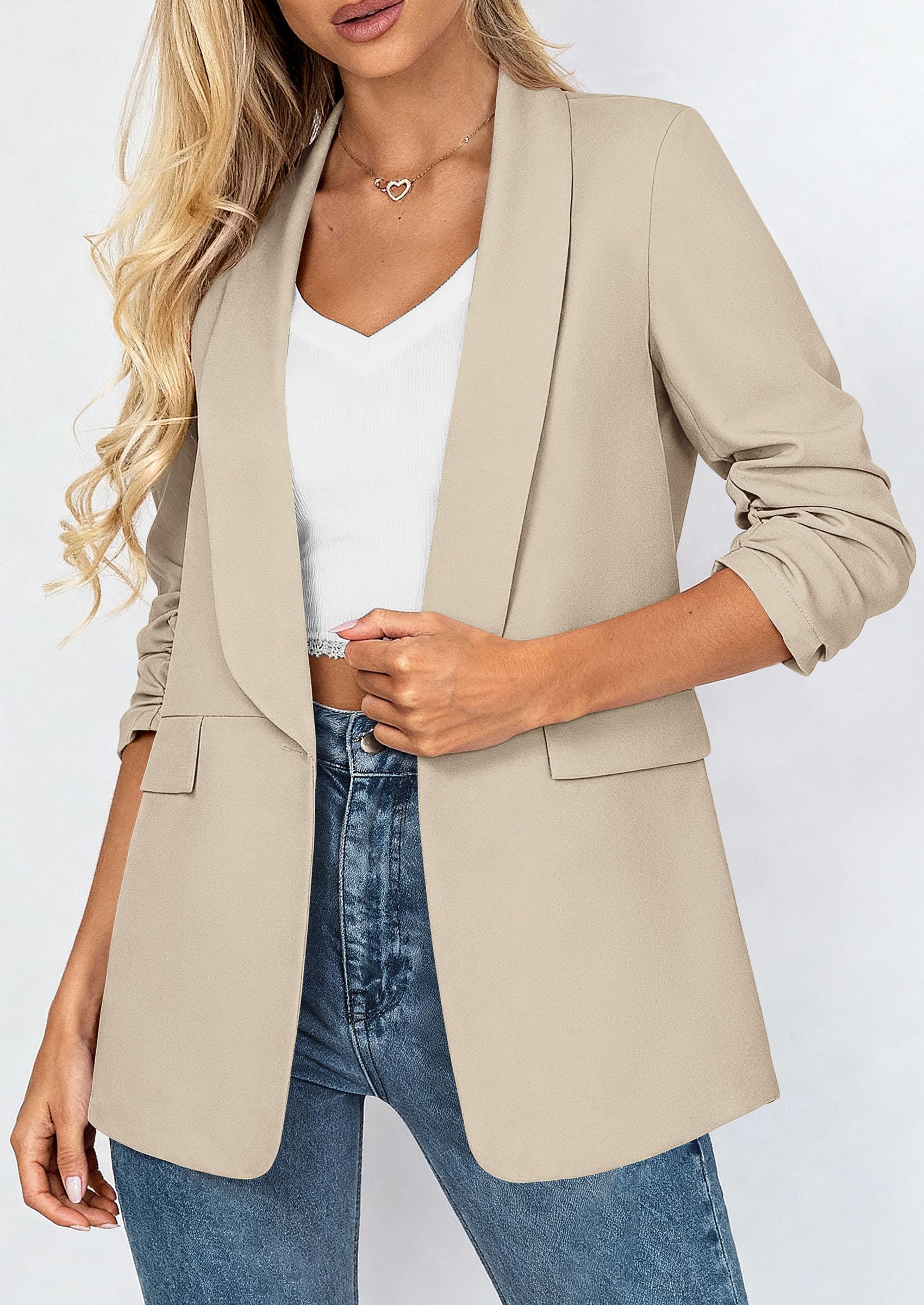 PRETTYGARDEN Women's Spring Blazers Business Casual Outfits Open Front Ruched 3/4 Sleeve Lightweight Work Suits Jackets - Image 37