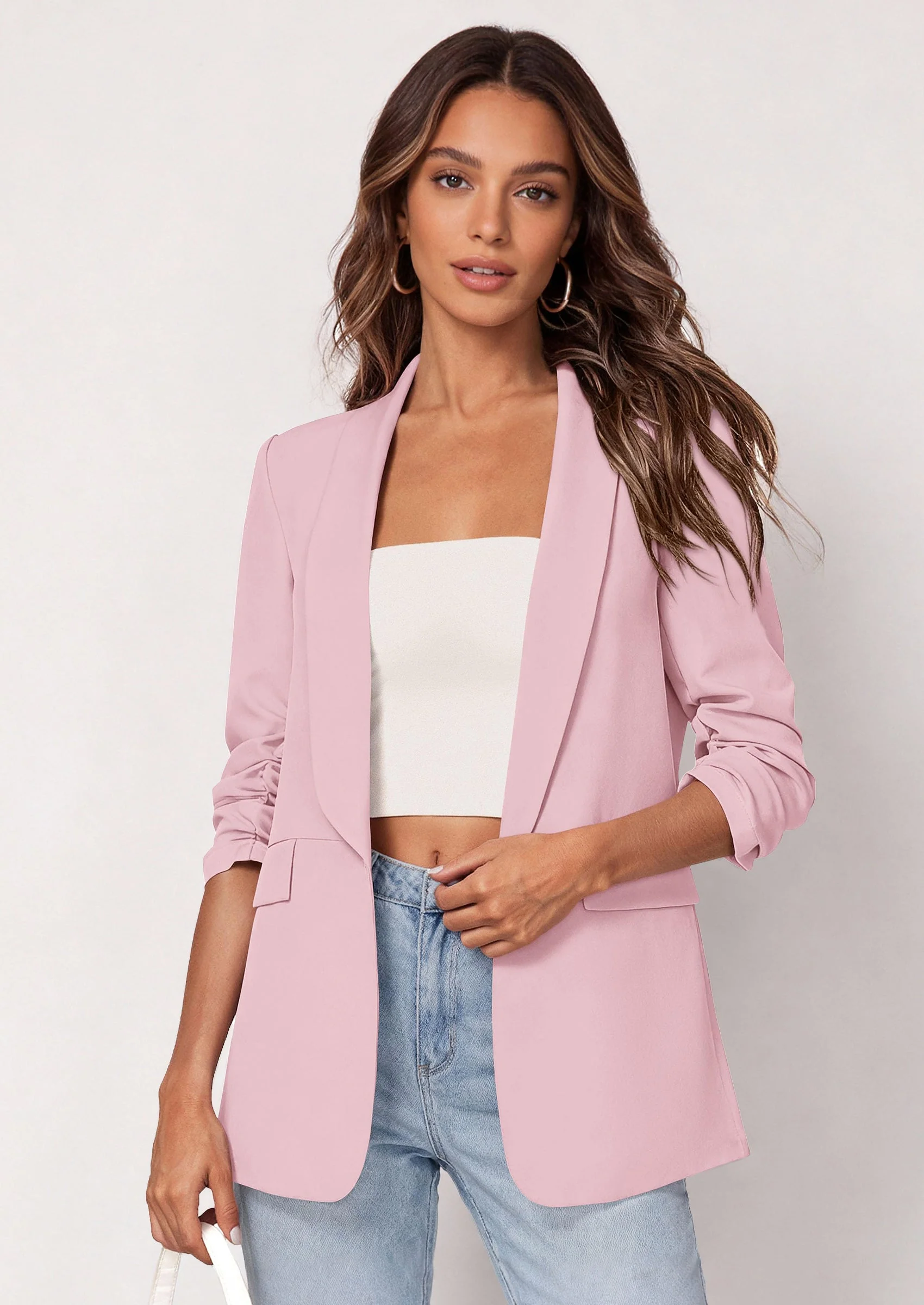 PRETTYGARDEN Women's Spring Blazers Business Casual Outfits Open Front Ruched 3/4 Sleeve Lightweight Work Suits Jackets - Image 38