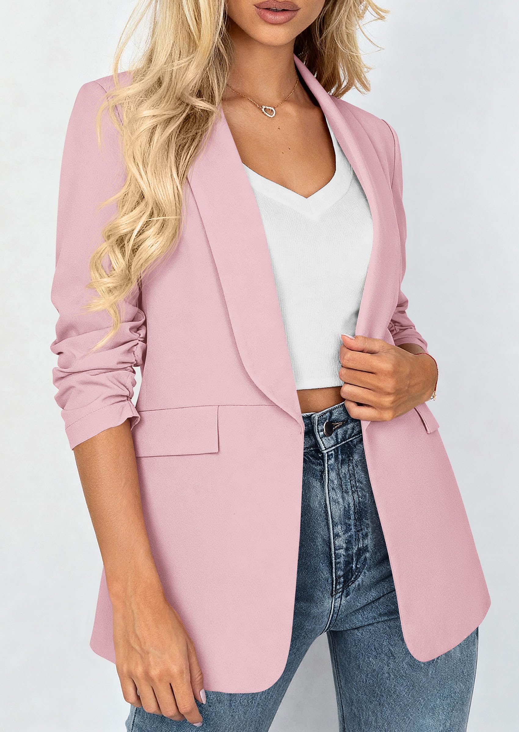 PRETTYGARDEN Women's Spring Blazers Business Casual Outfits Open Front Ruched 3/4 Sleeve Lightweight Work Suits Jackets - Image 40