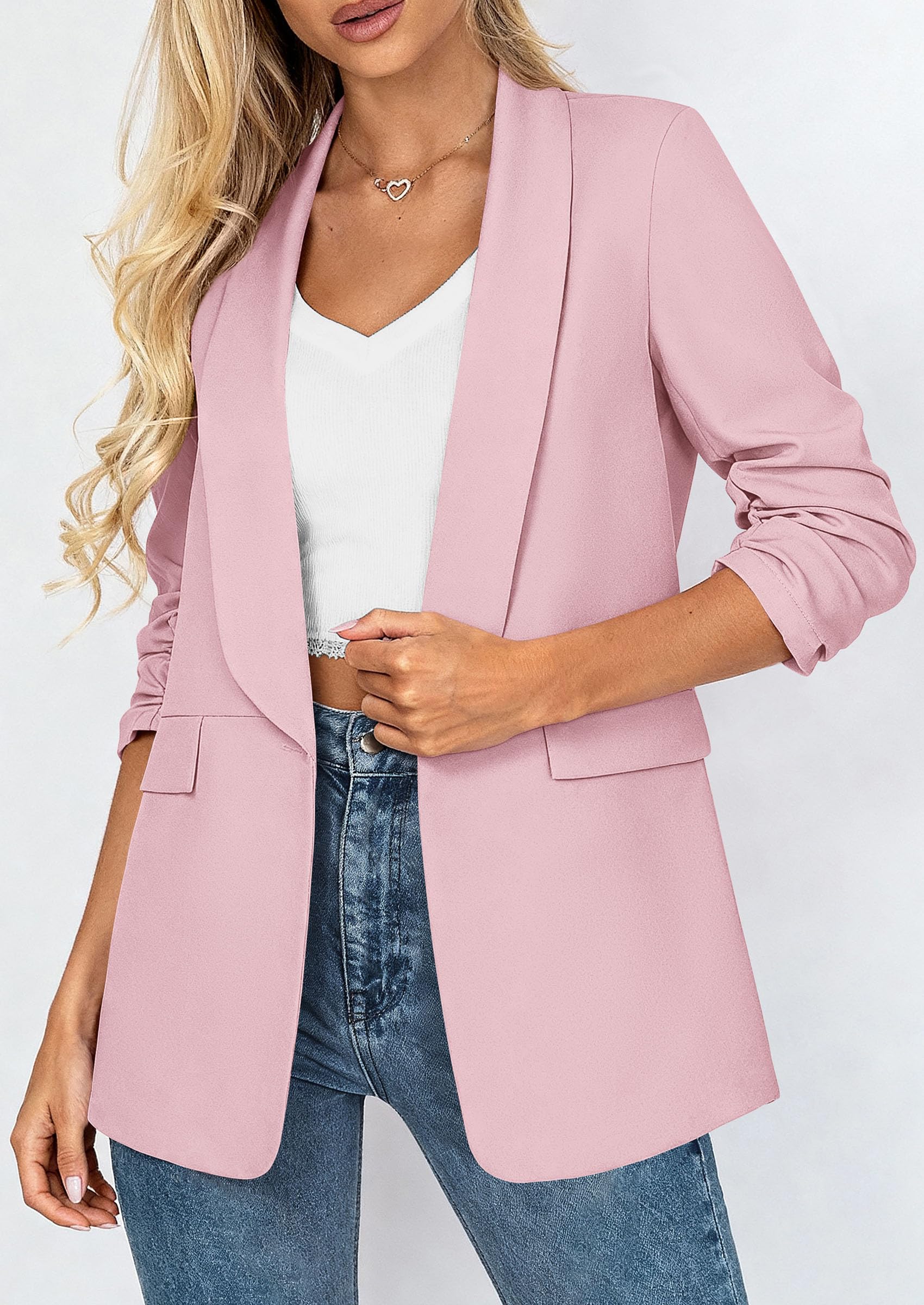 PRETTYGARDEN Women's Spring Blazers Business Casual Outfits Open Front Ruched 3/4 Sleeve Lightweight Work Suits Jackets - Image 42
