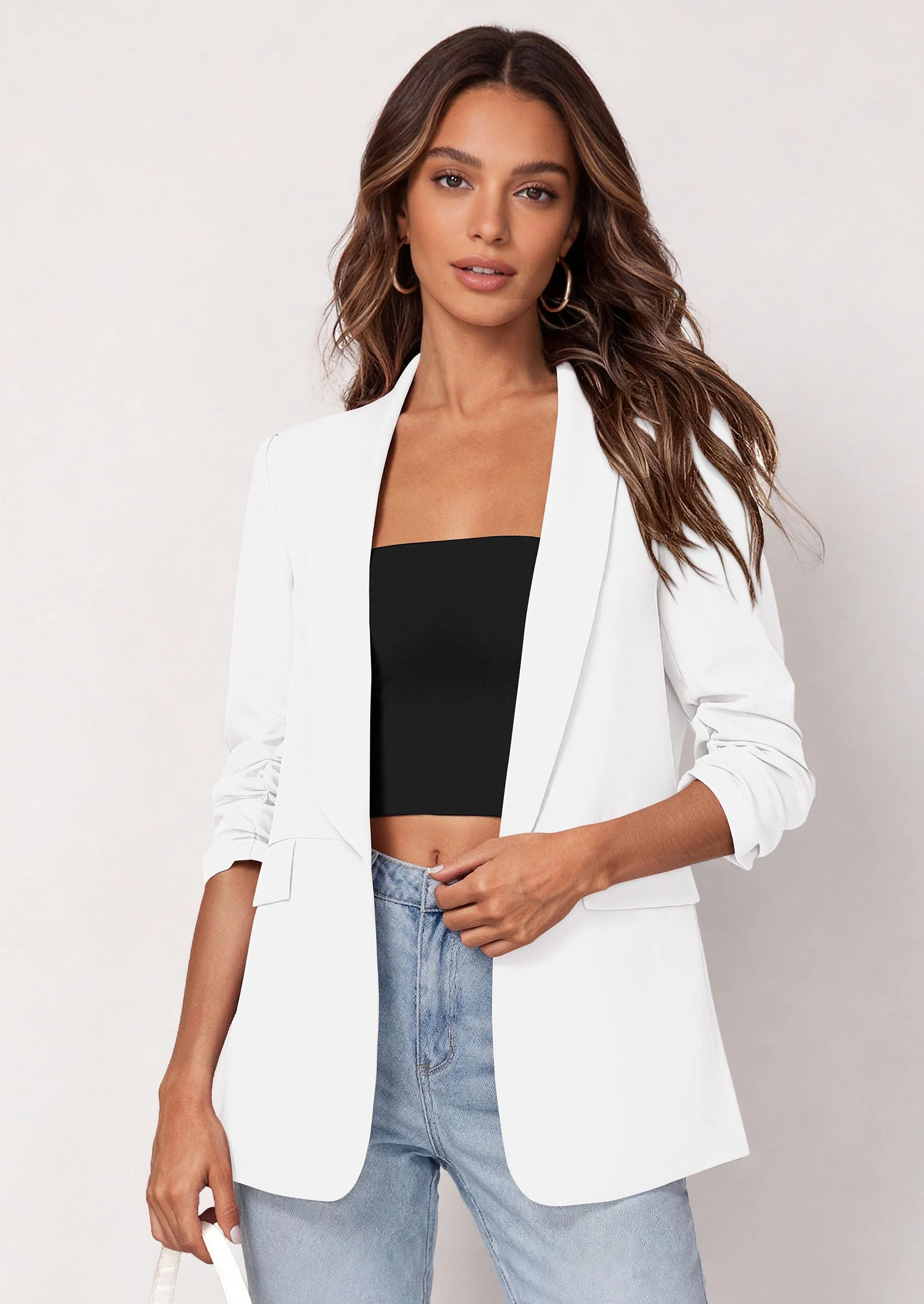 PRETTYGARDEN Women's Spring Blazers Business Casual Outfits Open Front Ruched 3/4 Sleeve Lightweight Work Suits Jackets - Image 44