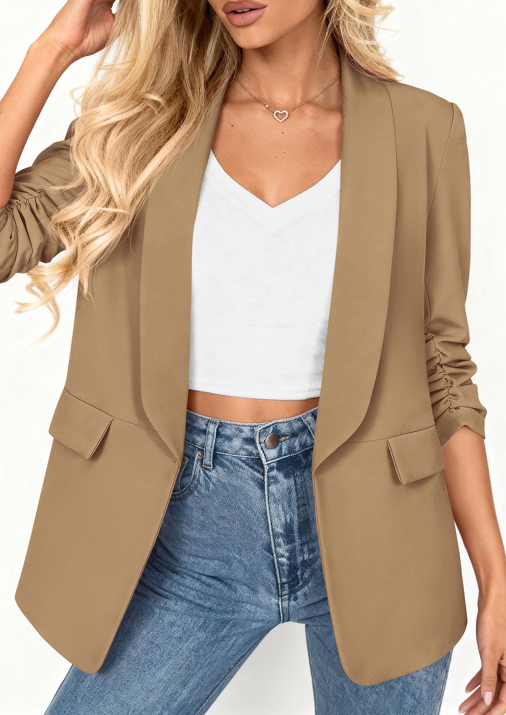 PRETTYGARDEN Women's Spring Blazers Business Casual Outfits Open Front Ruched 3/4 Sleeve Lightweight Work Suits Jackets - Image 5