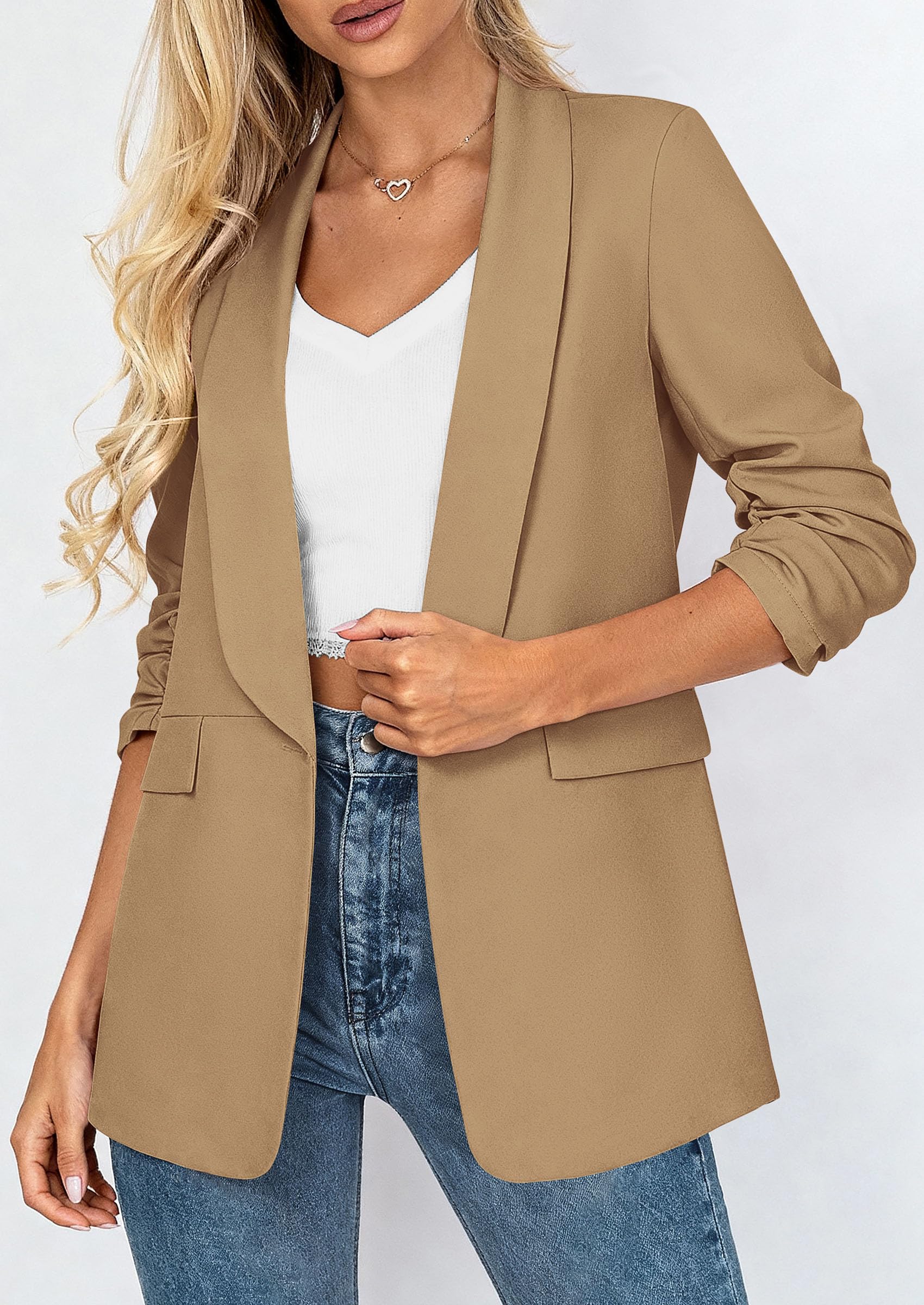 PRETTYGARDEN Women's Spring Blazers Business Casual Outfits Open Front Ruched 3/4 Sleeve Lightweight Work Suits Jackets - Image 6