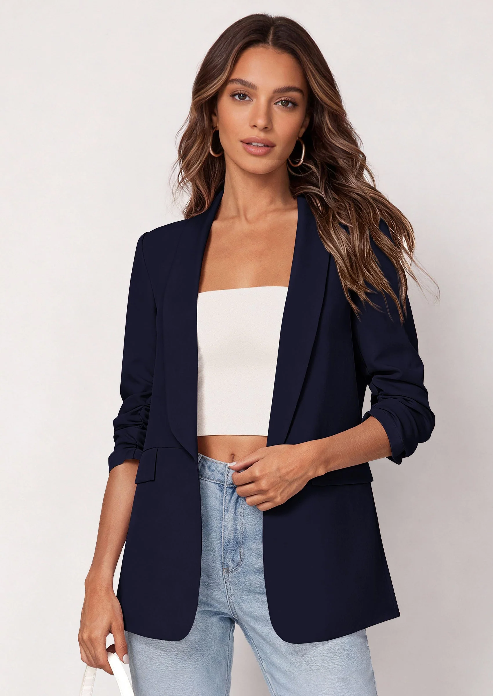 PRETTYGARDEN Women's Spring Blazers Business Casual Outfits Open Front Ruched 3/4 Sleeve Lightweight Work Suits Jackets - Image 8