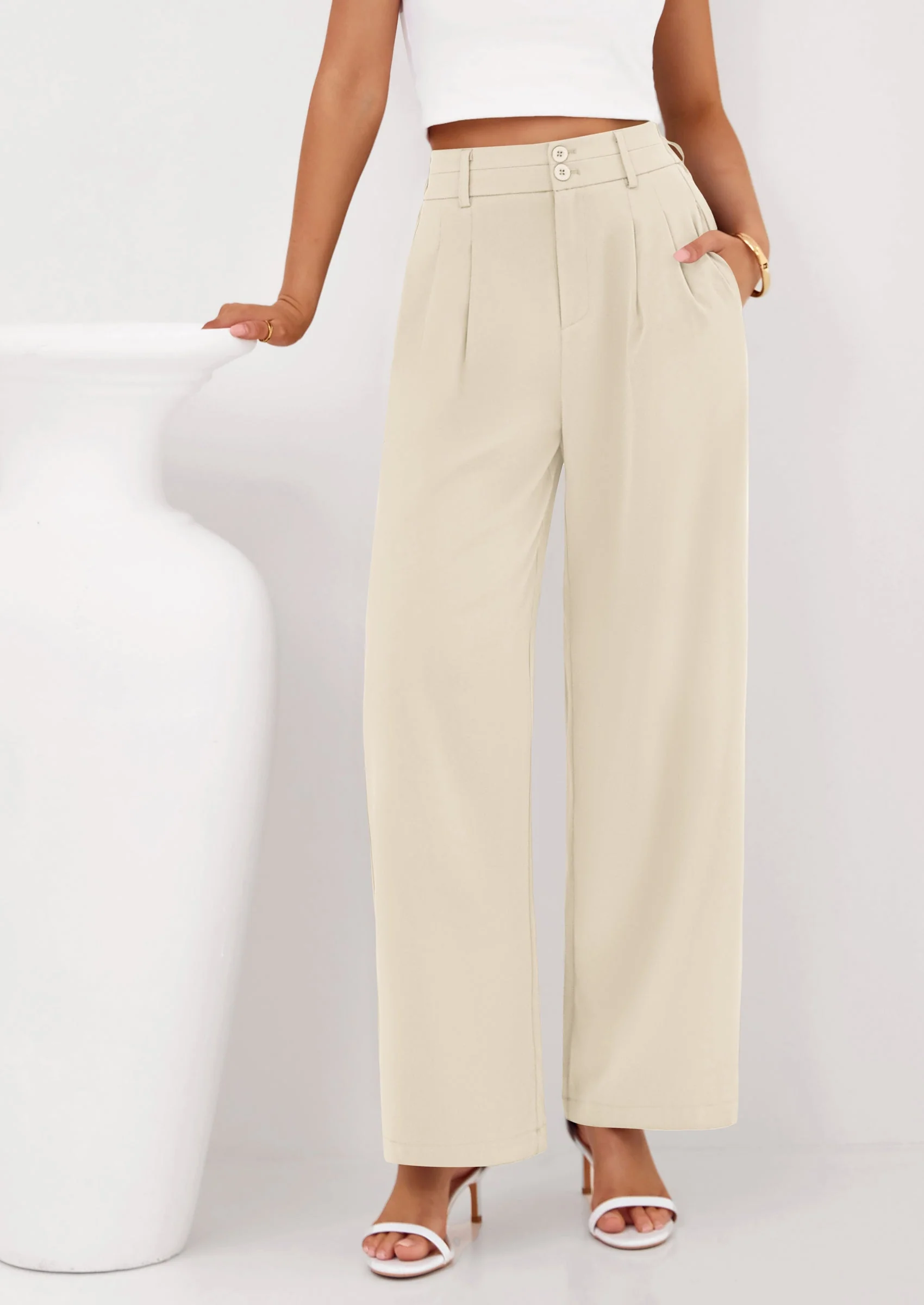 PRETTYGARDEN Womens Spring Wide Leg Palazzo Pants Trendy Loose Button High Waist Pleated Work Business Casual Trousers - Image 11