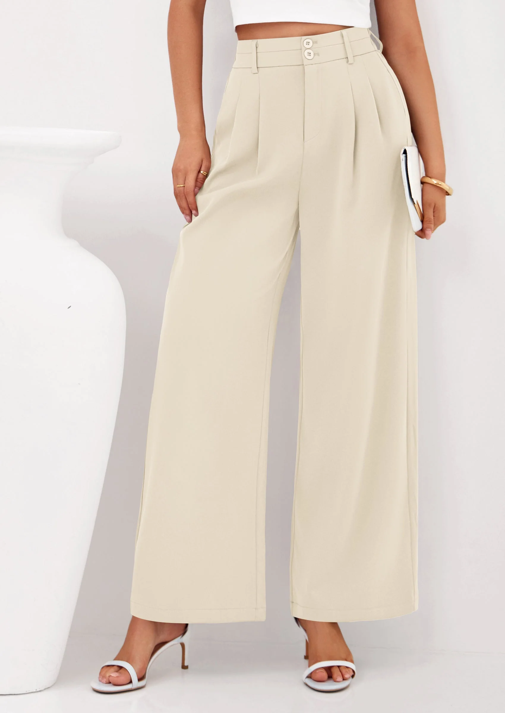 PRETTYGARDEN Womens Spring Wide Leg Palazzo Pants Trendy Loose Button High Waist Pleated Work Business Casual Trousers - Image 15