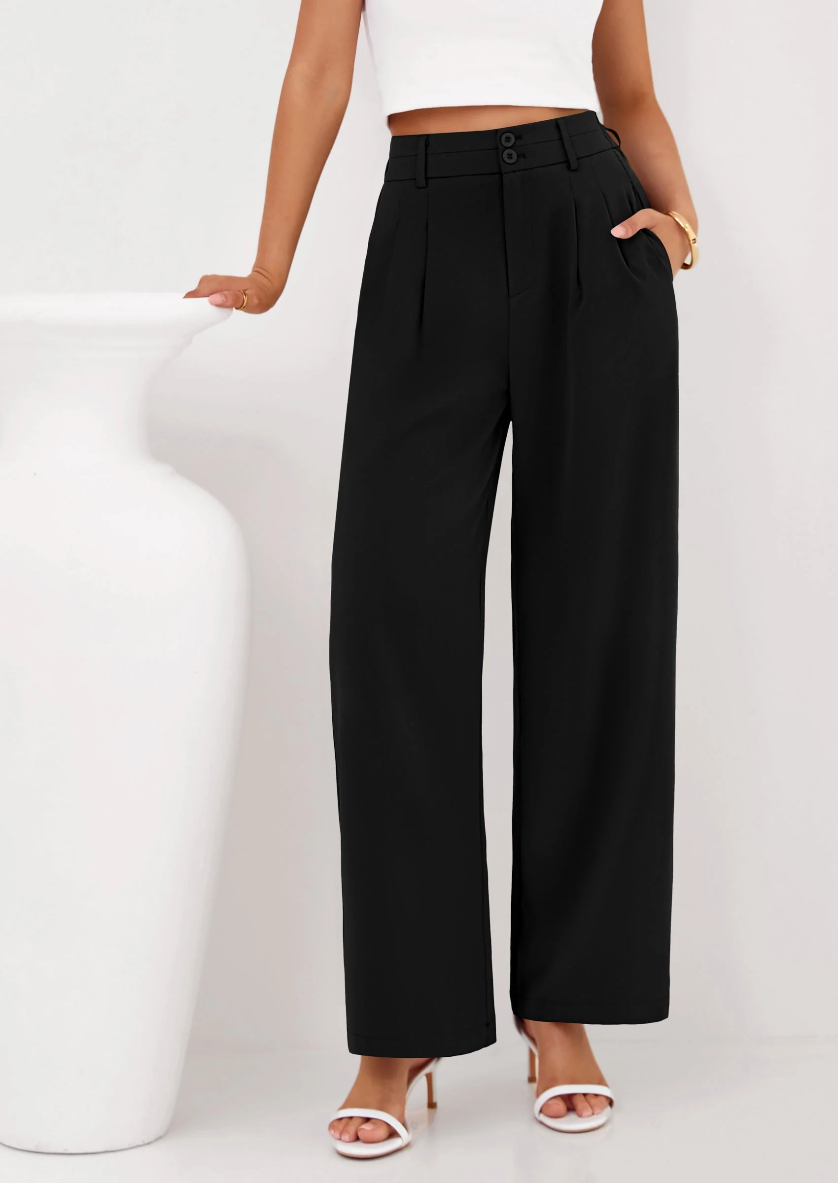 PRETTYGARDEN Womens Spring Wide Leg Palazzo Pants Trendy Loose Button High Waist Pleated Work Business Casual Trousers - Image 16