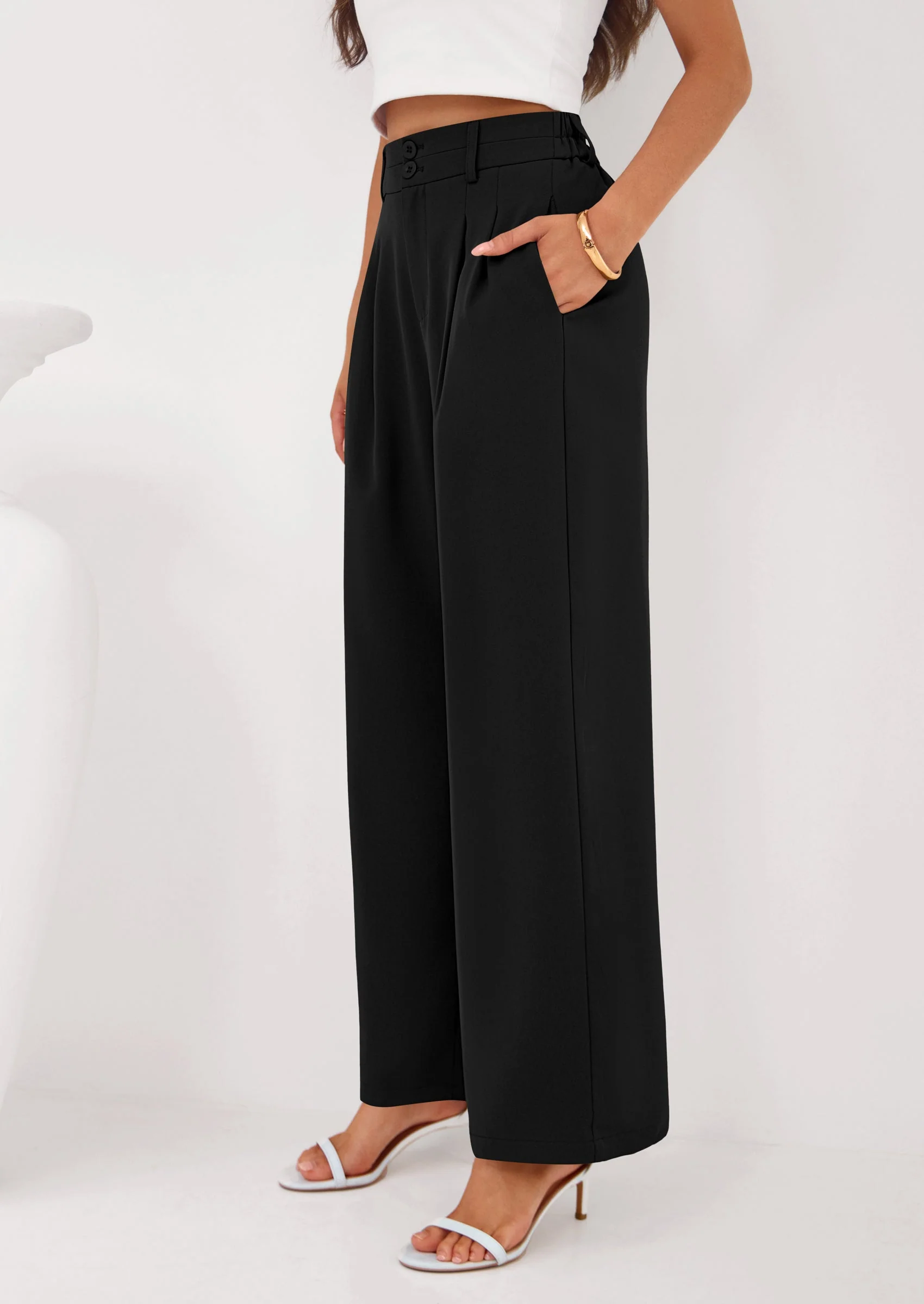 PRETTYGARDEN Womens Spring Wide Leg Palazzo Pants Trendy Loose Button High Waist Pleated Work Business Casual Trousers - Image 18