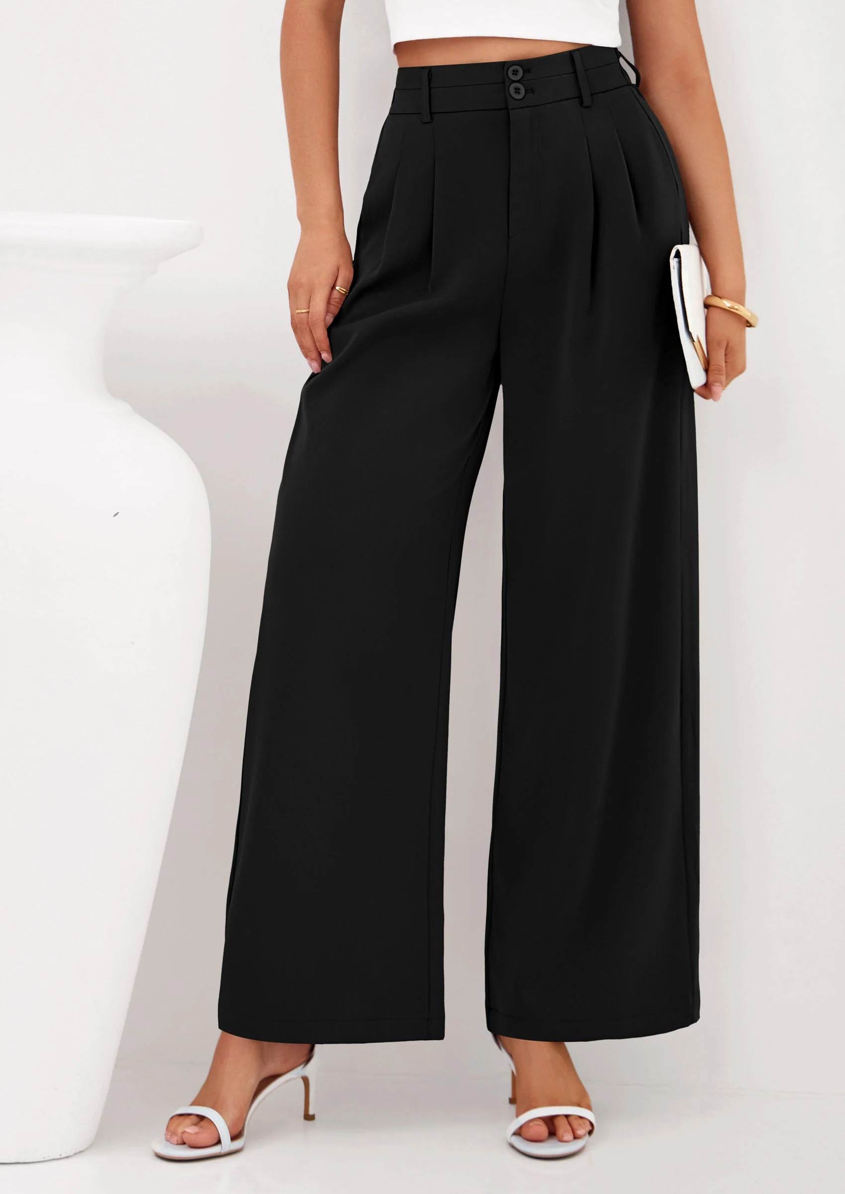 PRETTYGARDEN Womens Spring Wide Leg Palazzo Pants Trendy Loose Button High Waist Pleated Work Business Casual Trousers - Image 20