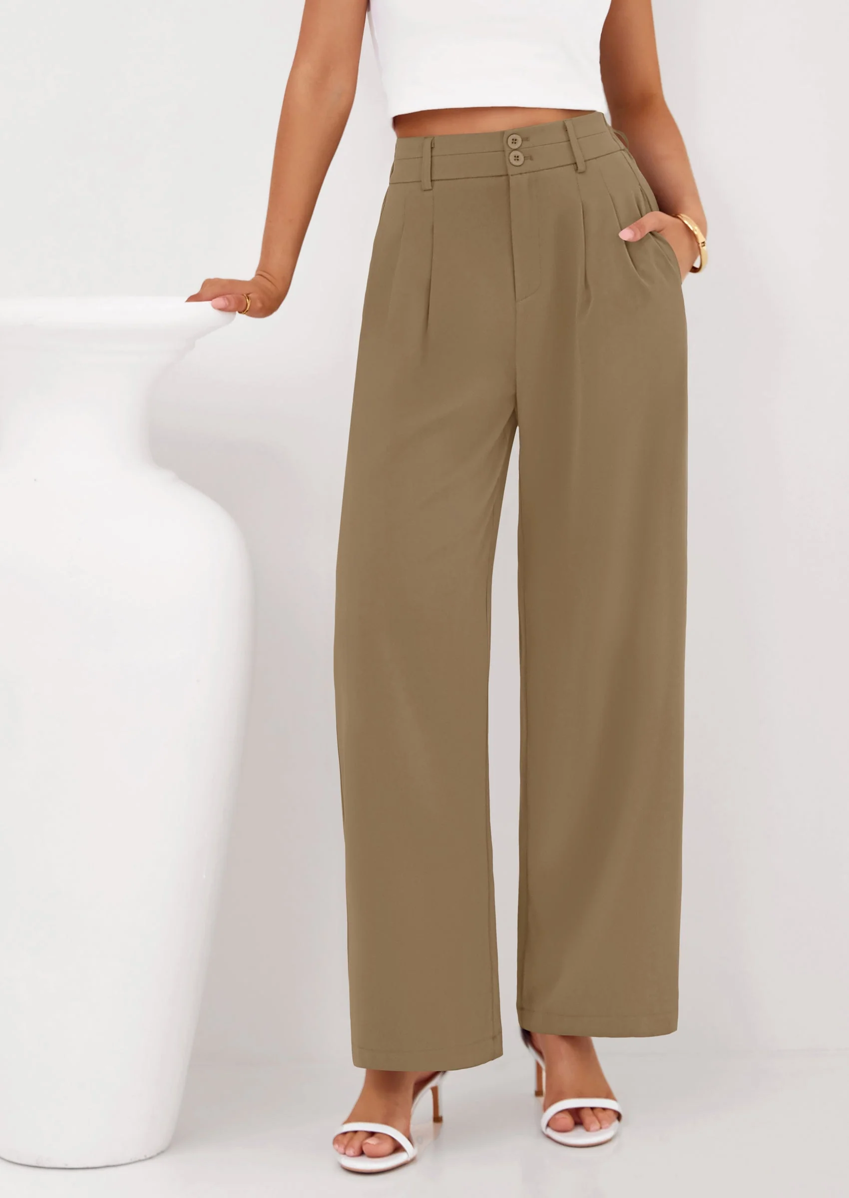 PRETTYGARDEN Womens Spring Wide Leg Palazzo Pants Trendy Loose Button High Waist Pleated Work Business Casual Trousers - Image 21