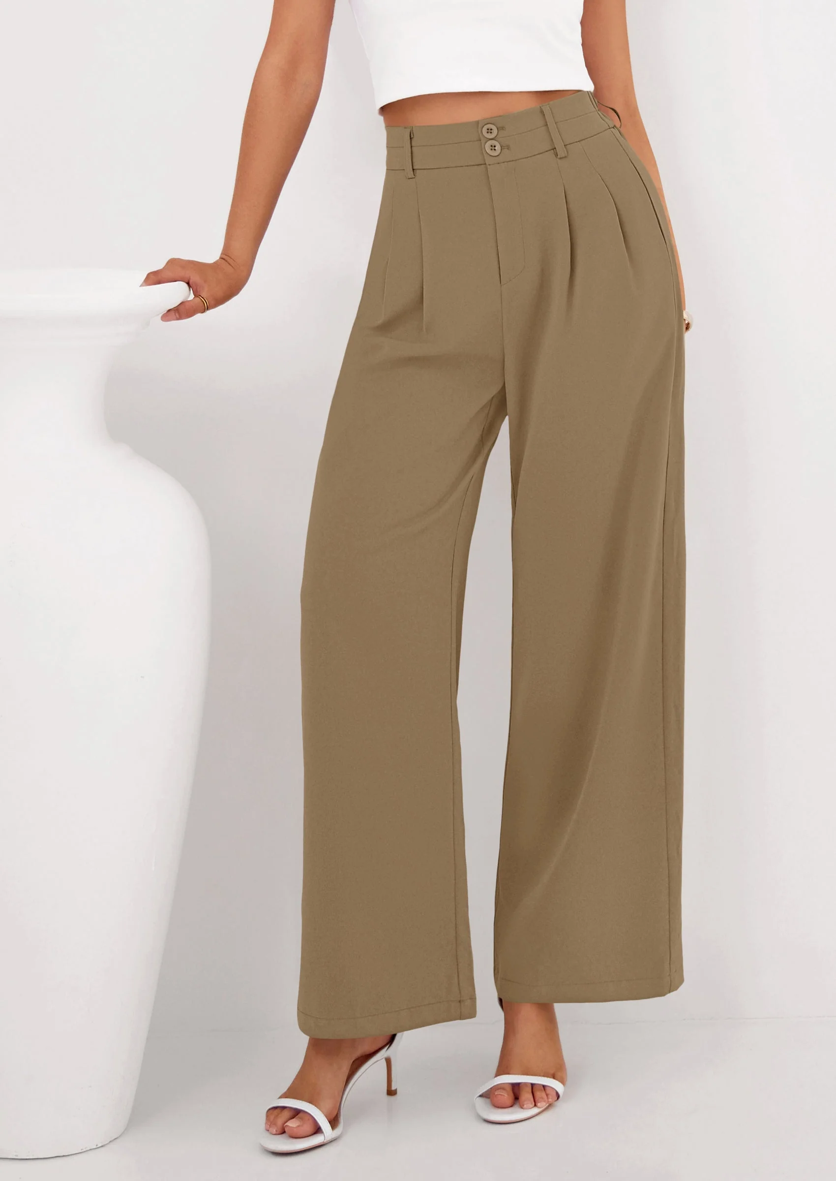 PRETTYGARDEN Womens Spring Wide Leg Palazzo Pants Trendy Loose Button High Waist Pleated Work Business Casual Trousers - Image 22