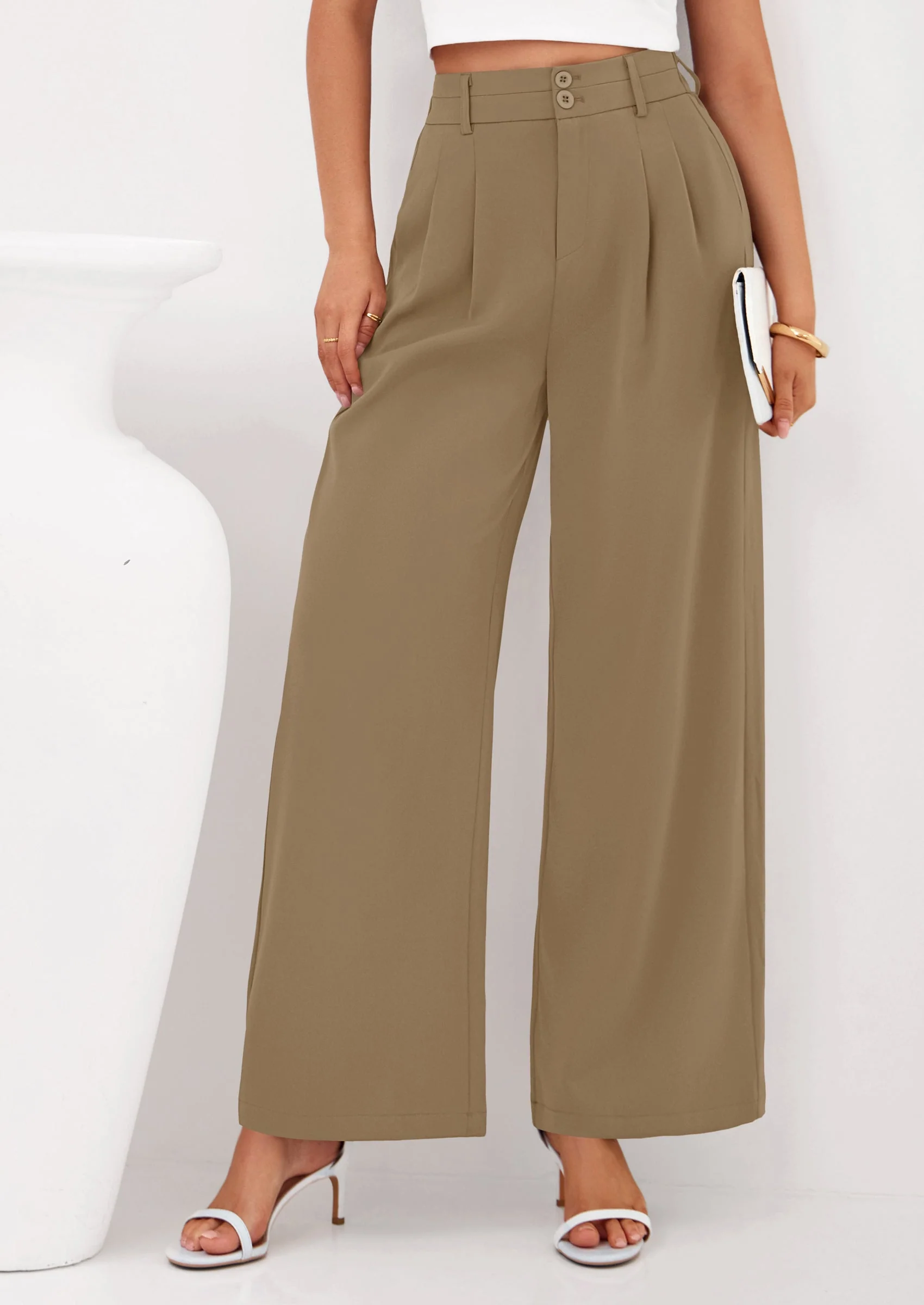 PRETTYGARDEN Womens Spring Wide Leg Palazzo Pants Trendy Loose Button High Waist Pleated Work Business Casual Trousers - Image 25