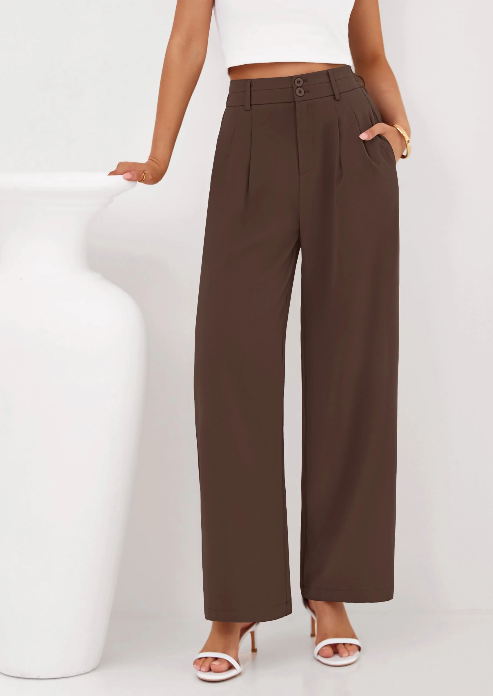 PRETTYGARDEN Womens Spring Wide Leg Palazzo Pants Trendy Loose Button High Waist Pleated Work Business Casual Trousers - Image 26