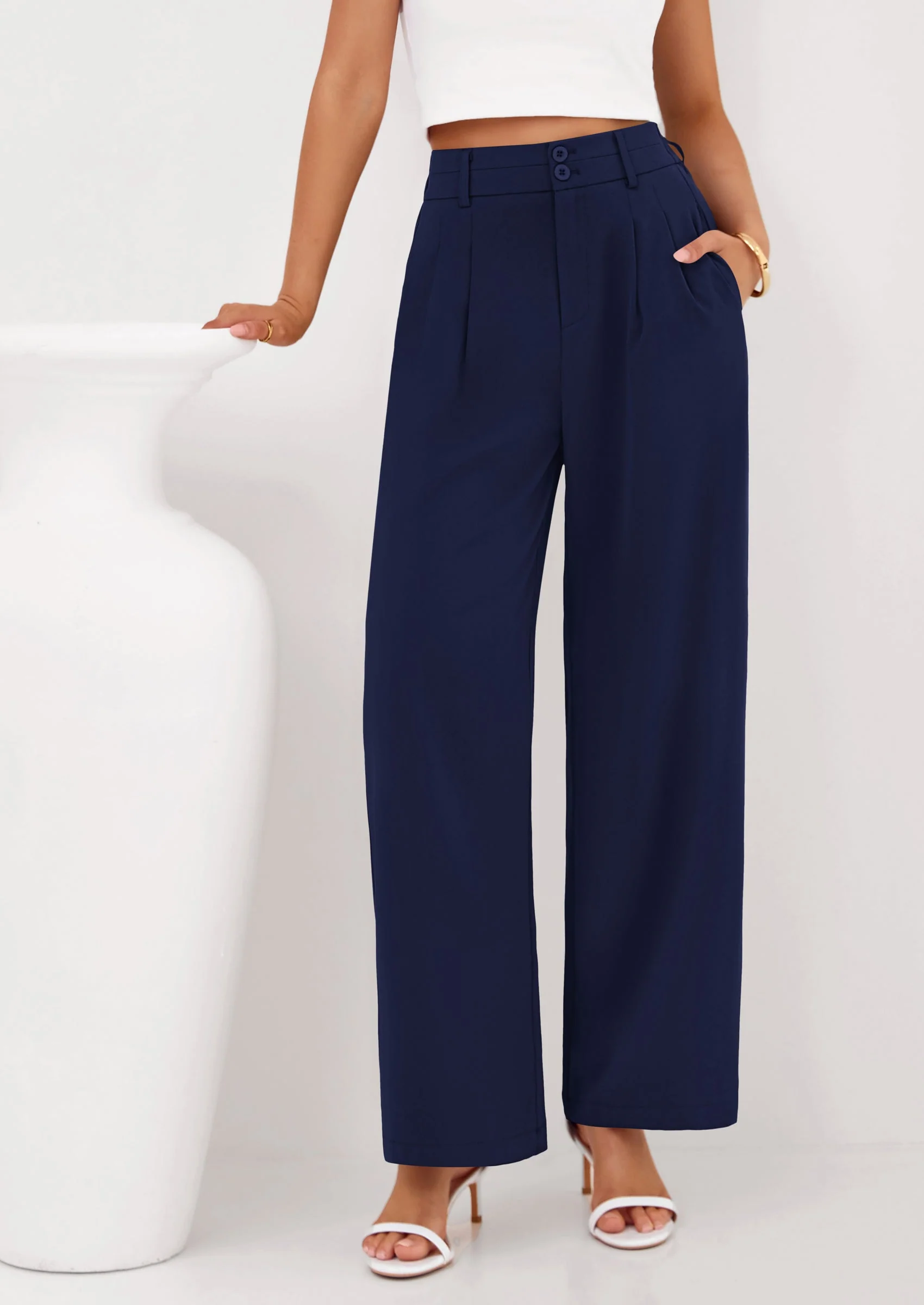 PRETTYGARDEN Womens Spring Wide Leg Palazzo Pants Trendy Loose Button High Waist Pleated Work Business Casual Trousers - Image 31