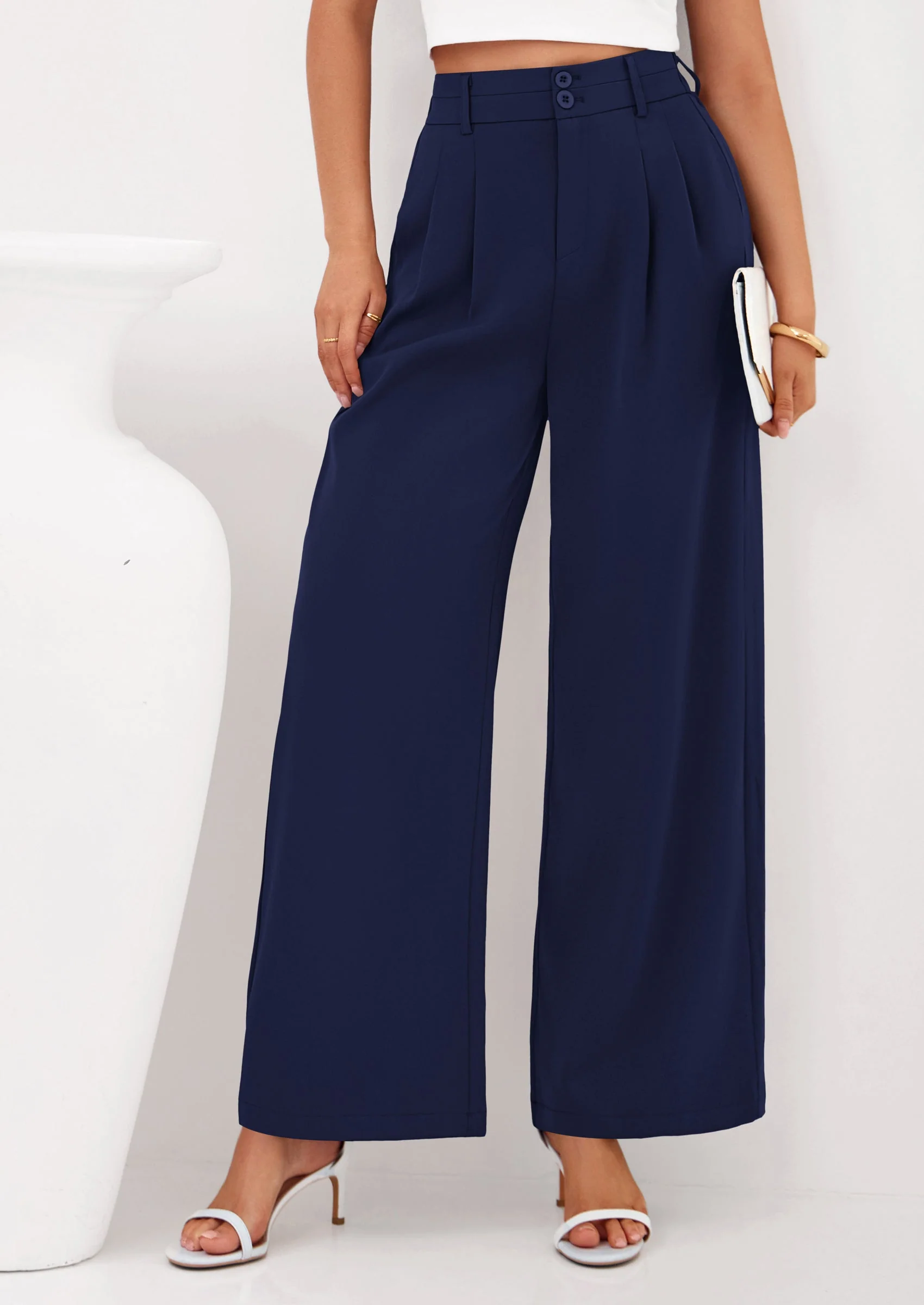 PRETTYGARDEN Womens Spring Wide Leg Palazzo Pants Trendy Loose Button High Waist Pleated Work Business Casual Trousers - Image 35