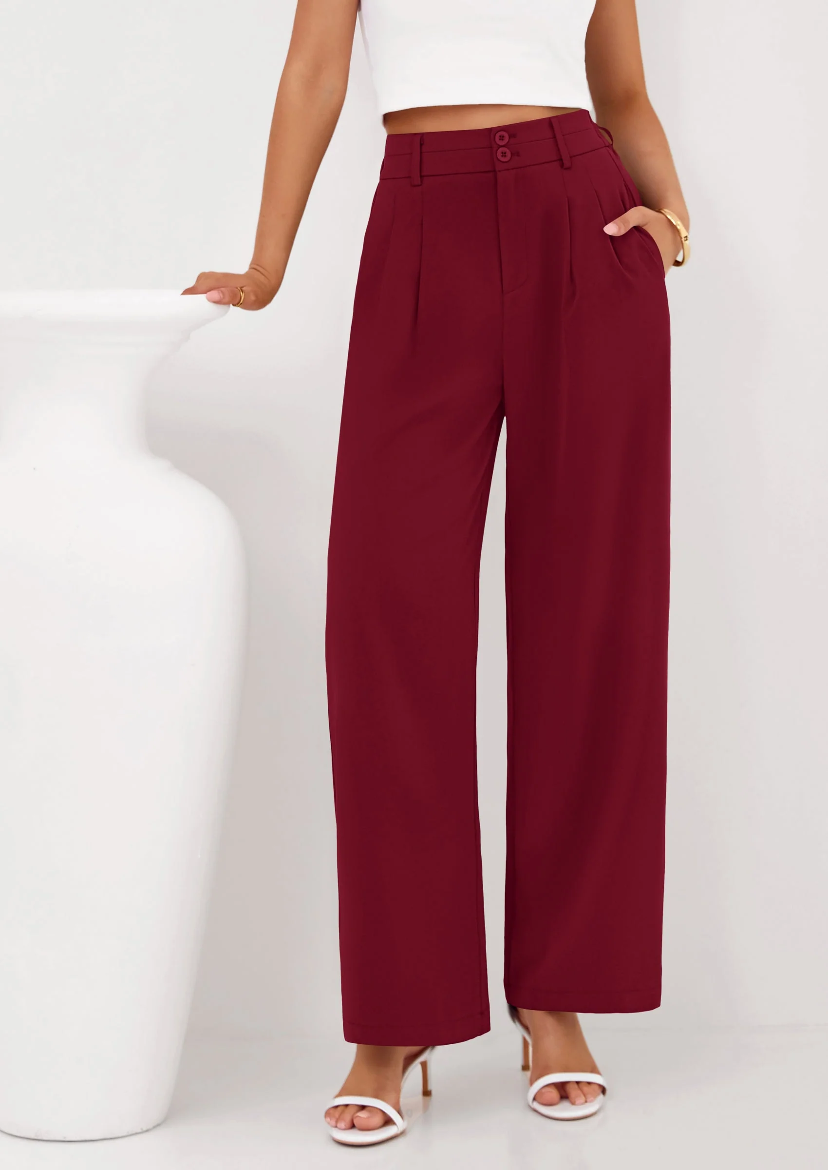 PRETTYGARDEN Womens Spring Wide Leg Palazzo Pants Trendy Loose Button High Waist Pleated Work Business Casual Trousers - Image 36