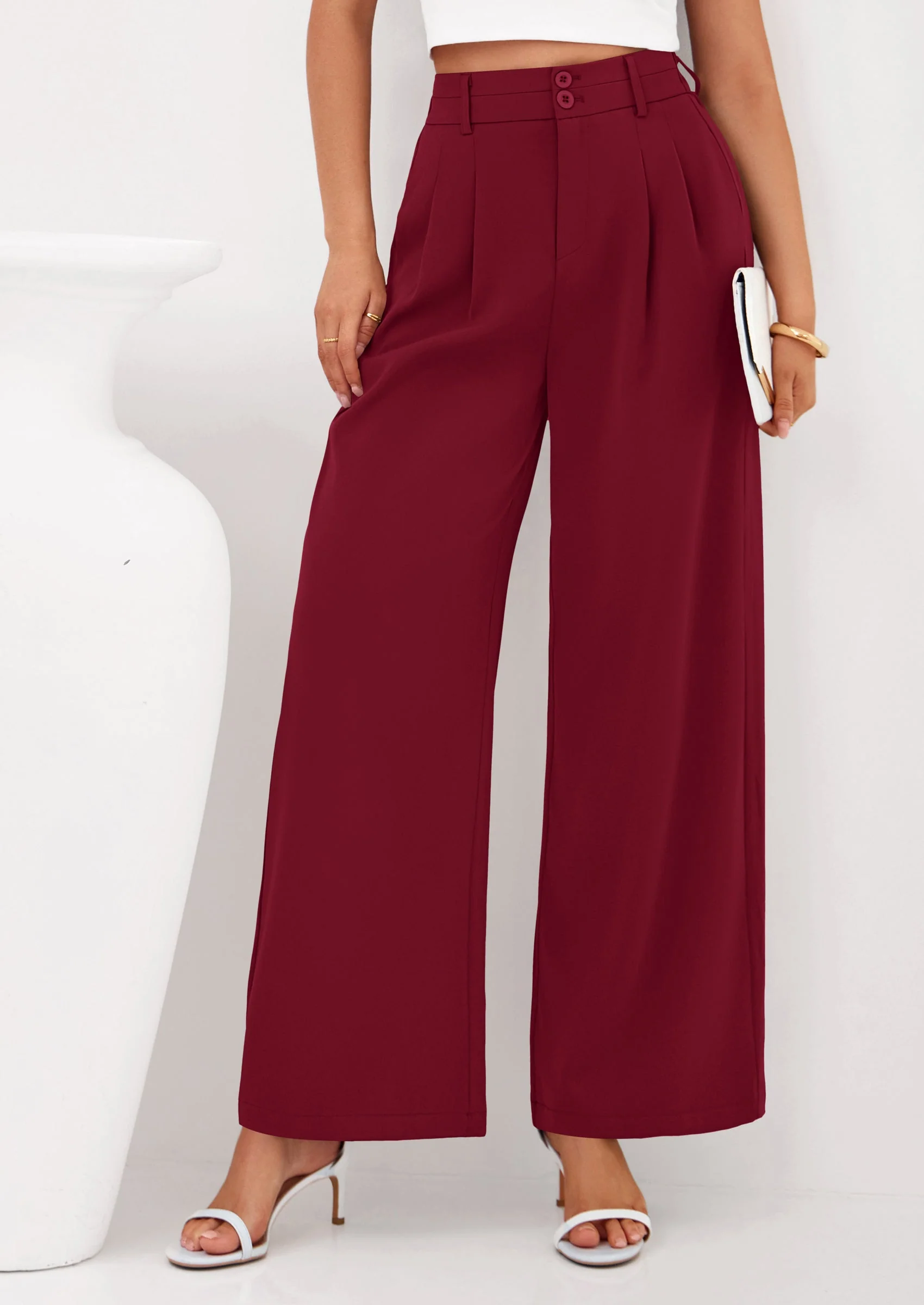 PRETTYGARDEN Womens Spring Wide Leg Palazzo Pants Trendy Loose Button High Waist Pleated Work Business Casual Trousers - Image 40