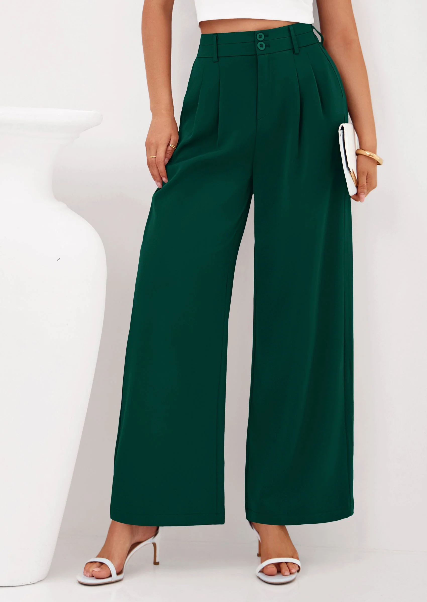 PRETTYGARDEN Womens Spring Wide Leg Palazzo Pants Trendy Loose Button High Waist Pleated Work Business Casual Trousers - Image 5