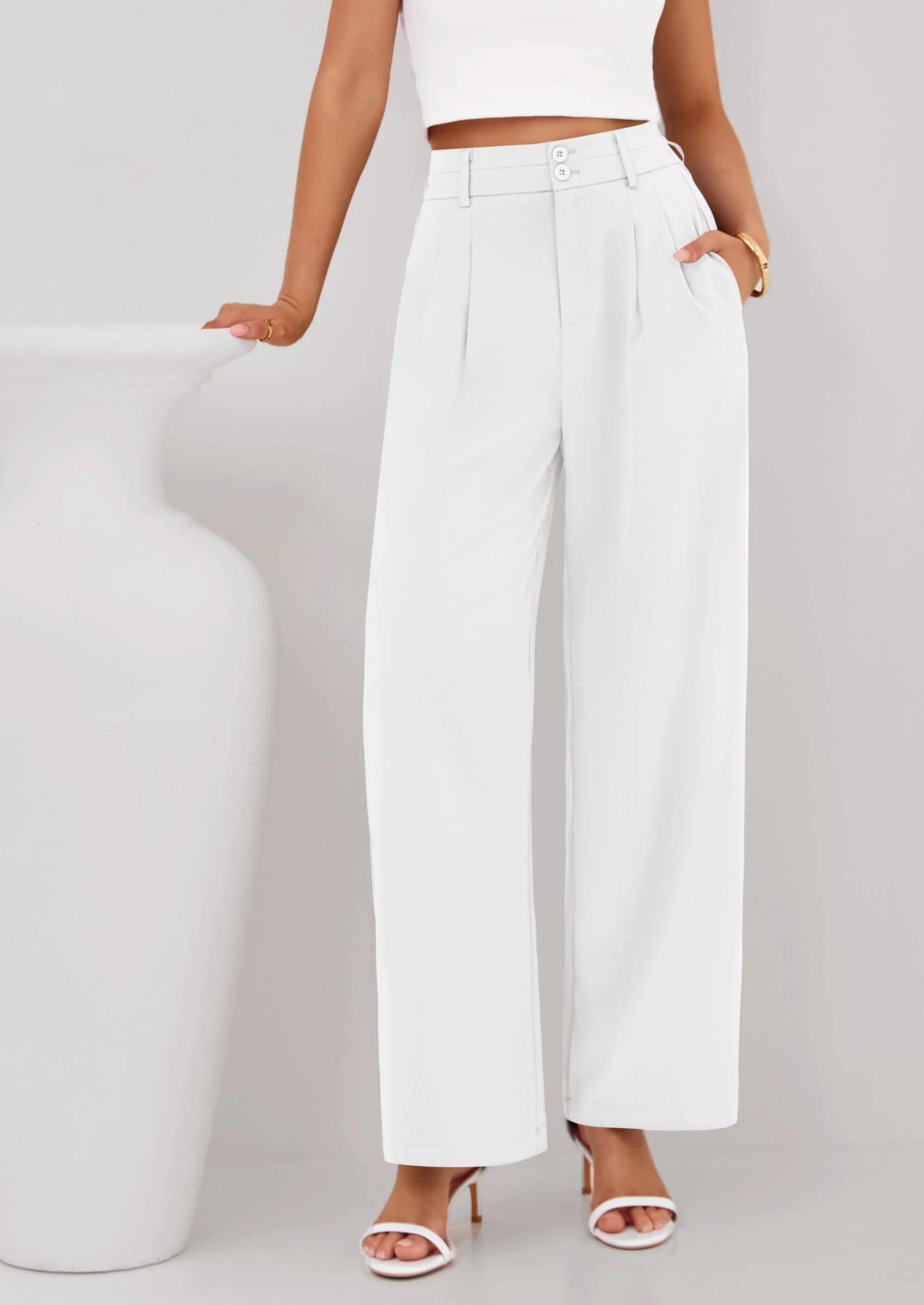 PRETTYGARDEN Womens Spring Wide Leg Palazzo Pants Trendy Loose Button High Waist Pleated Work Business Casual Trousers - Image 6