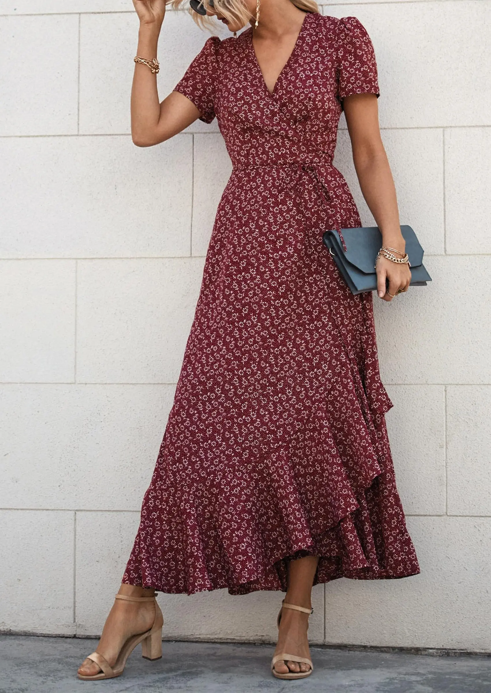 PRETTYGARDEN Women's Summer Maxi Dress Casual Wrap Floral Boho Short Sleeve V Neck Split Ruffle Beach Long Dresses - Image 11