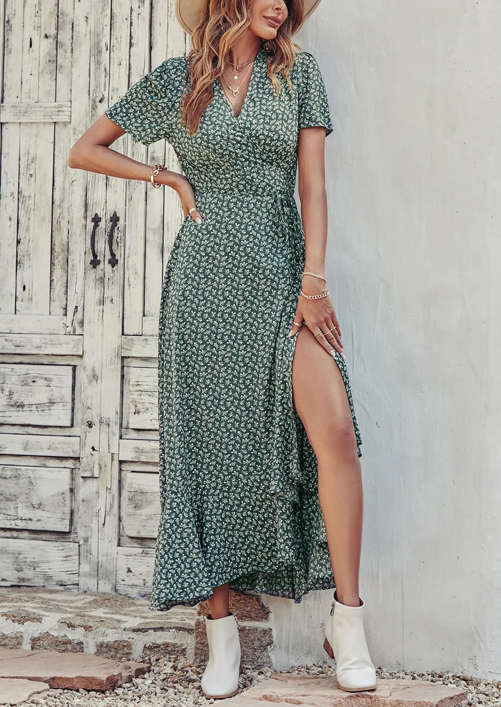 PRETTYGARDEN Women's Summer Maxi Dress Casual Wrap Floral Boho Short Sleeve V Neck Split Ruffle Beach Long Dresses - Image 13