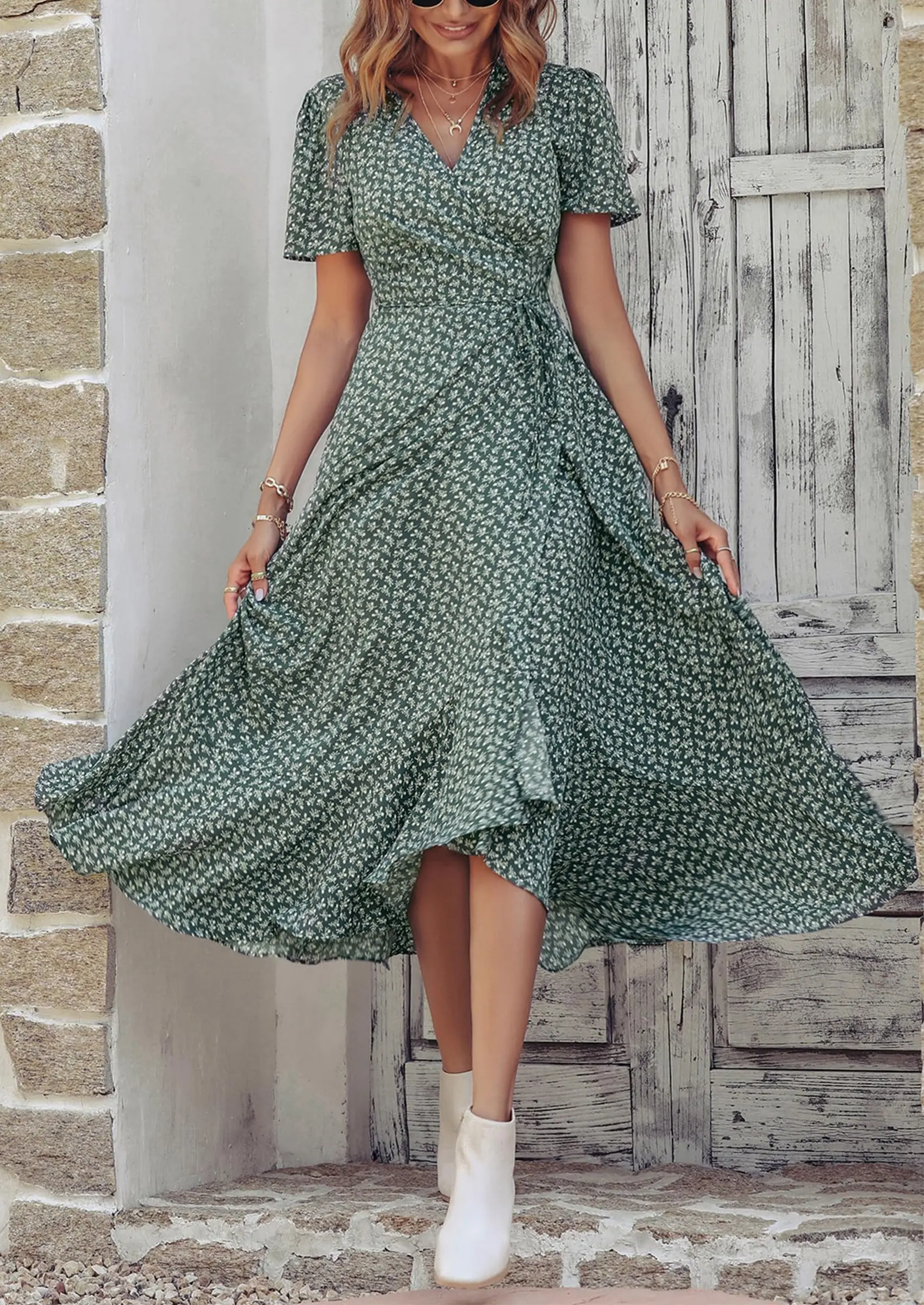 PRETTYGARDEN Women's Summer Maxi Dress Casual Wrap Floral Boho Short Sleeve V Neck Split Ruffle Beach Long Dresses - Image 14