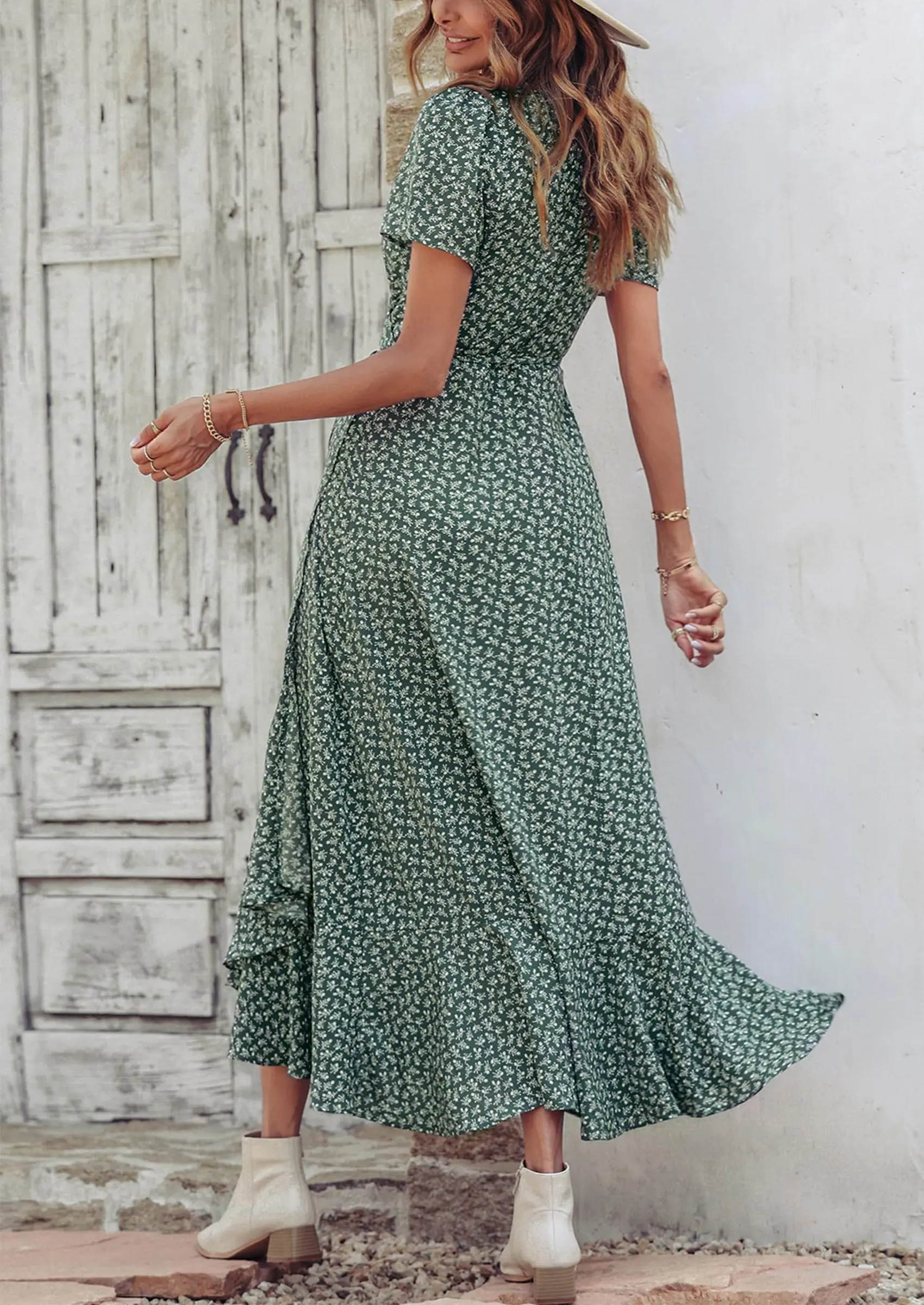 PRETTYGARDEN Women's Summer Maxi Dress Casual Wrap Floral Boho Short Sleeve V Neck Split Ruffle Beach Long Dresses - Image 15