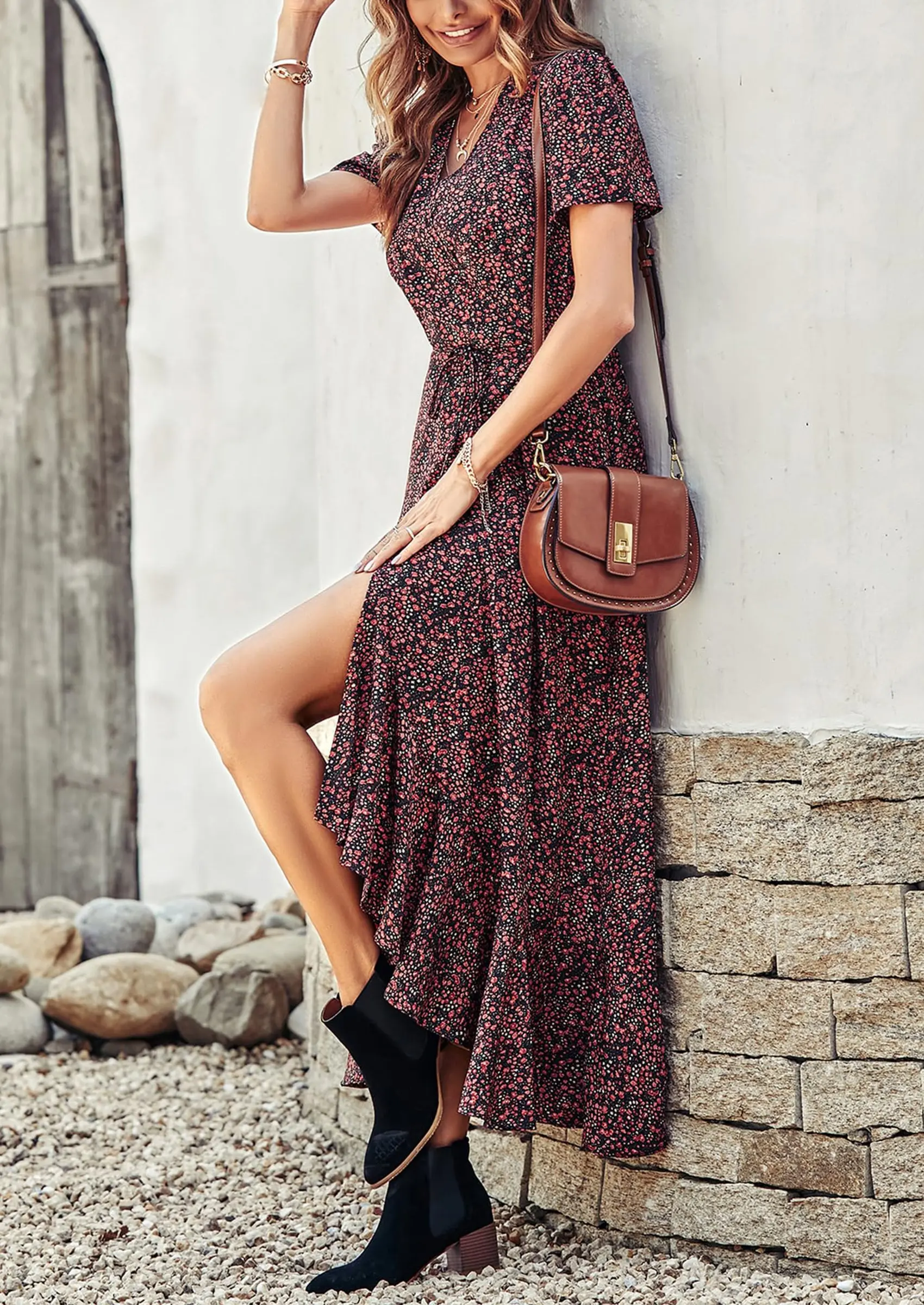 PRETTYGARDEN Women's Summer Maxi Dress Casual Wrap Floral Boho Short Sleeve V Neck Split Ruffle Beach Long Dresses - Image 20