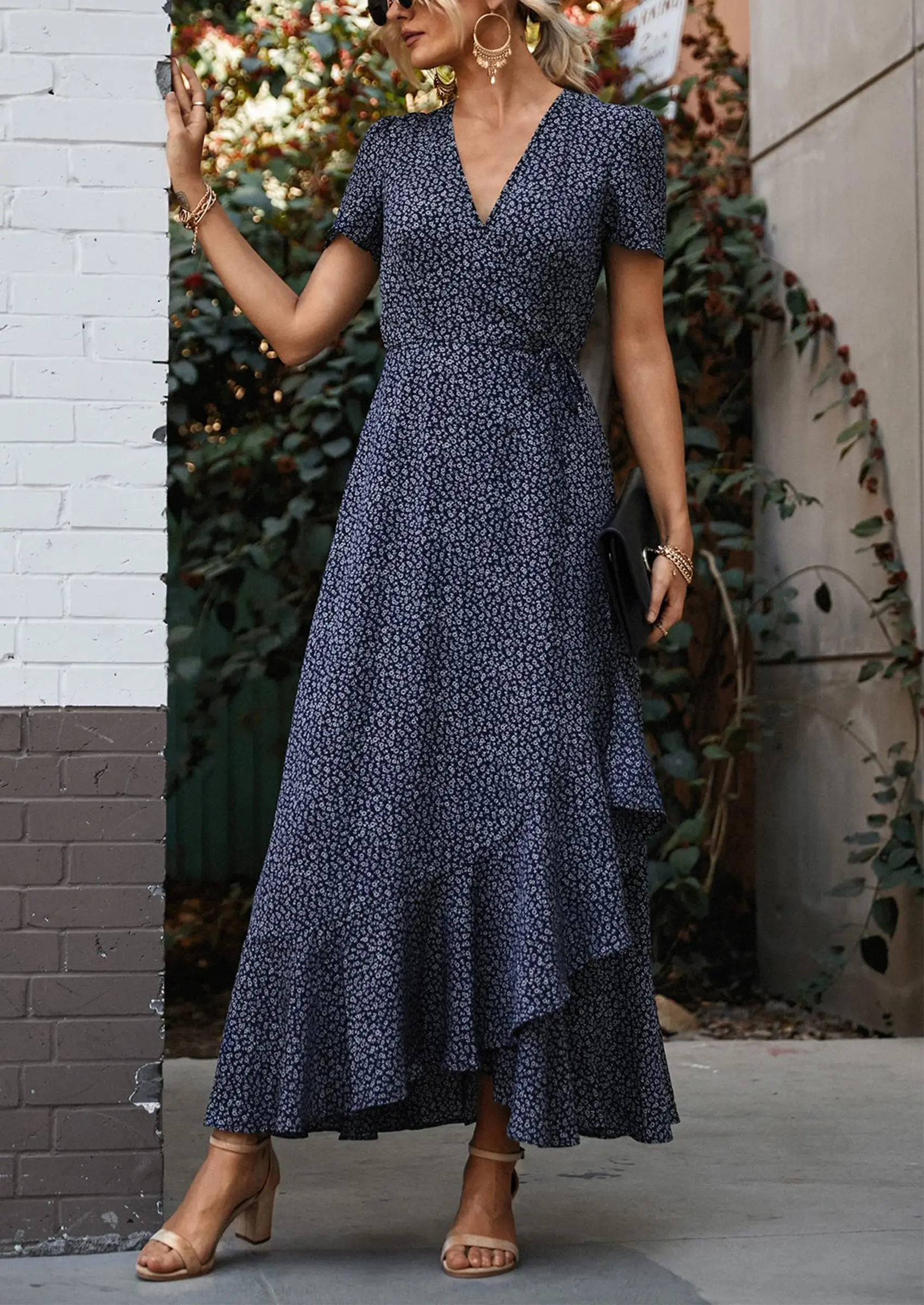 PRETTYGARDEN Women's Summer Maxi Dress Casual Wrap Floral Boho Short Sleeve V Neck Split Ruffle Beach Long Dresses - Image 22