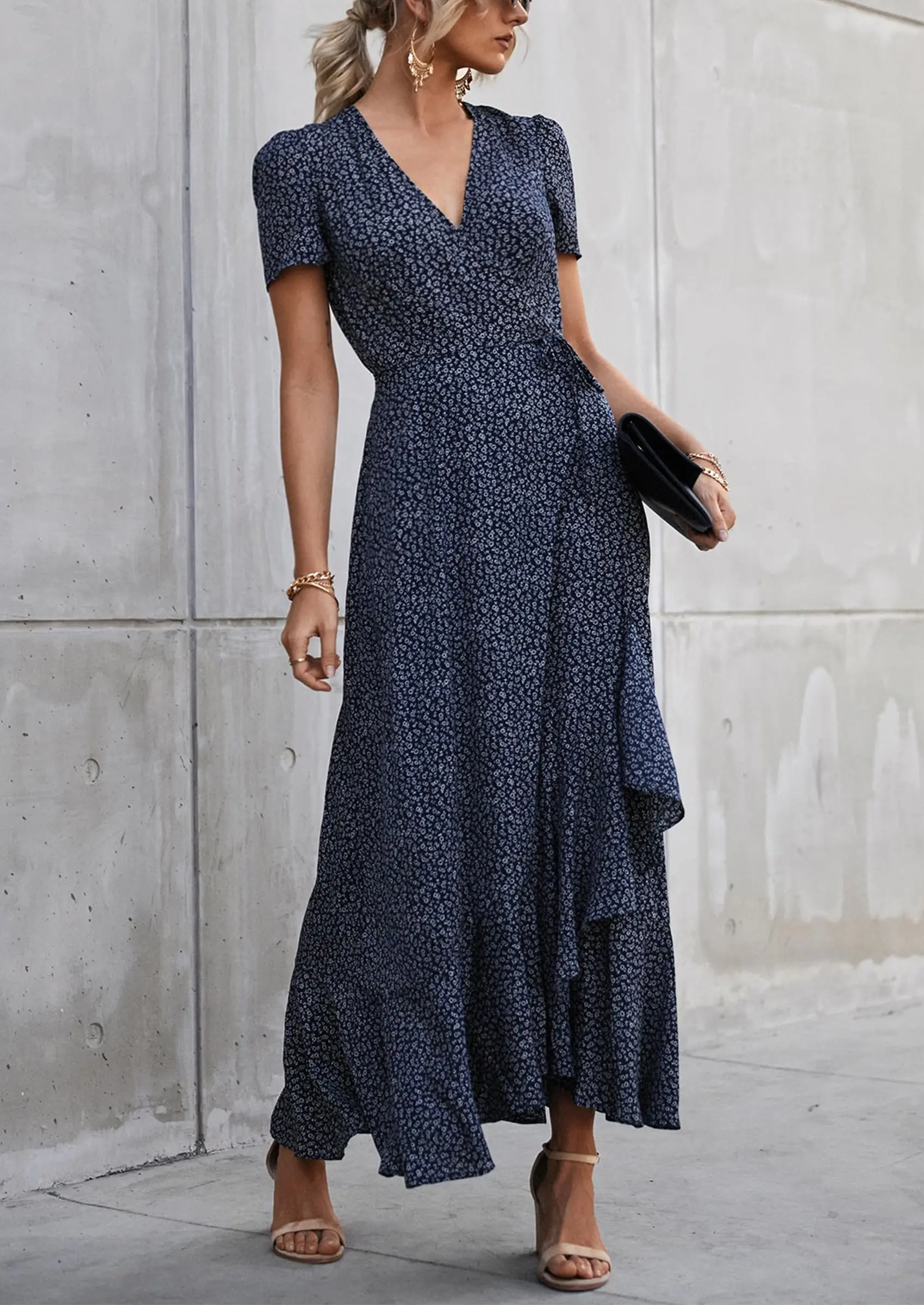 PRETTYGARDEN Women's Summer Maxi Dress Casual Wrap Floral Boho Short Sleeve V Neck Split Ruffle Beach Long Dresses - Image 26