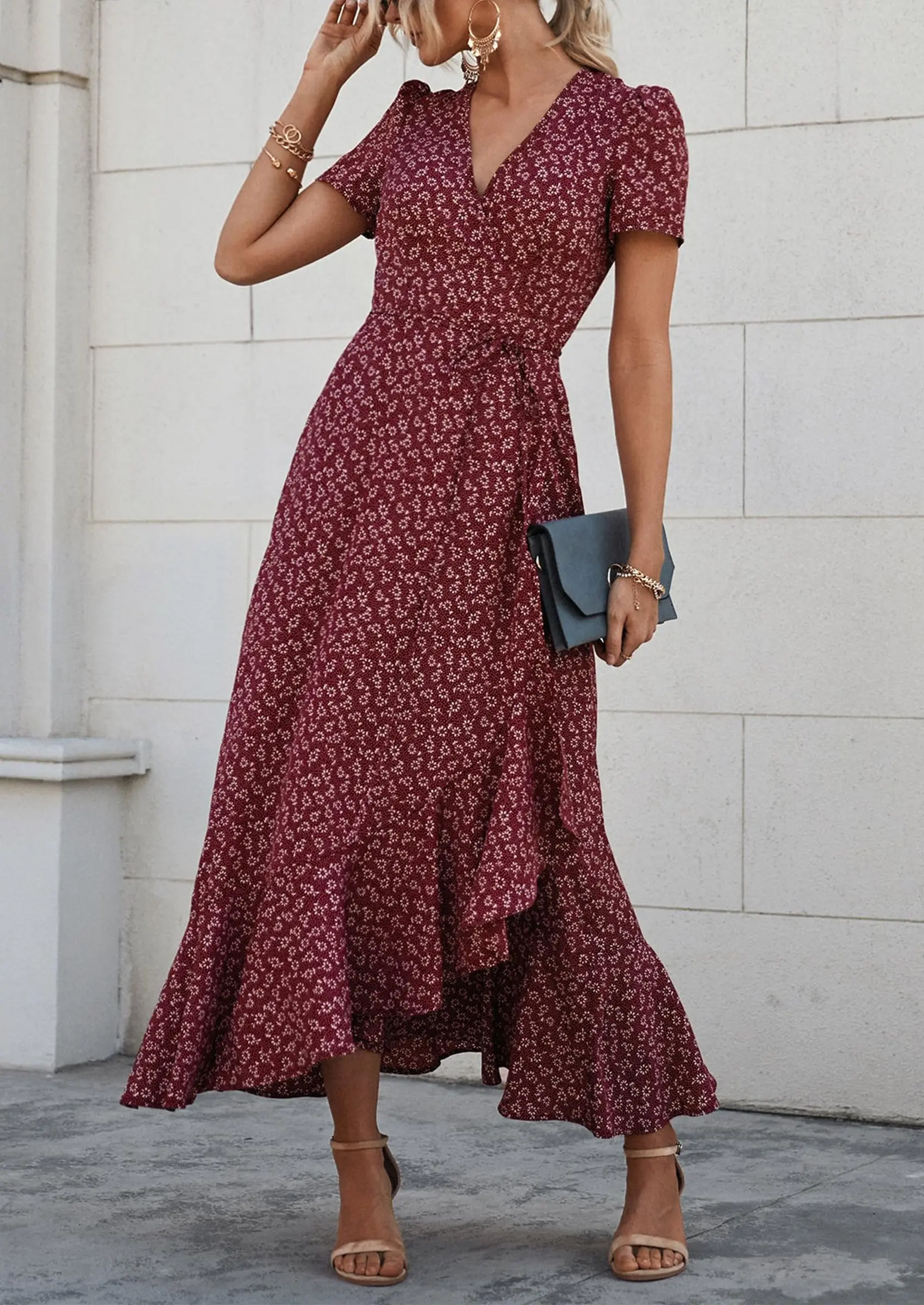 PRETTYGARDEN Women's Summer Maxi Dress Casual Wrap Floral Boho Short Sleeve V Neck Split Ruffle Beach Long Dresses - Image 3