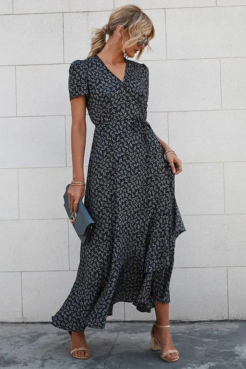 PRETTYGARDEN Women's Summer Maxi Dress Casual Wrap Floral Boho Short Sleeve V Neck Split Ruffle Beach Long Dresses - Image 35