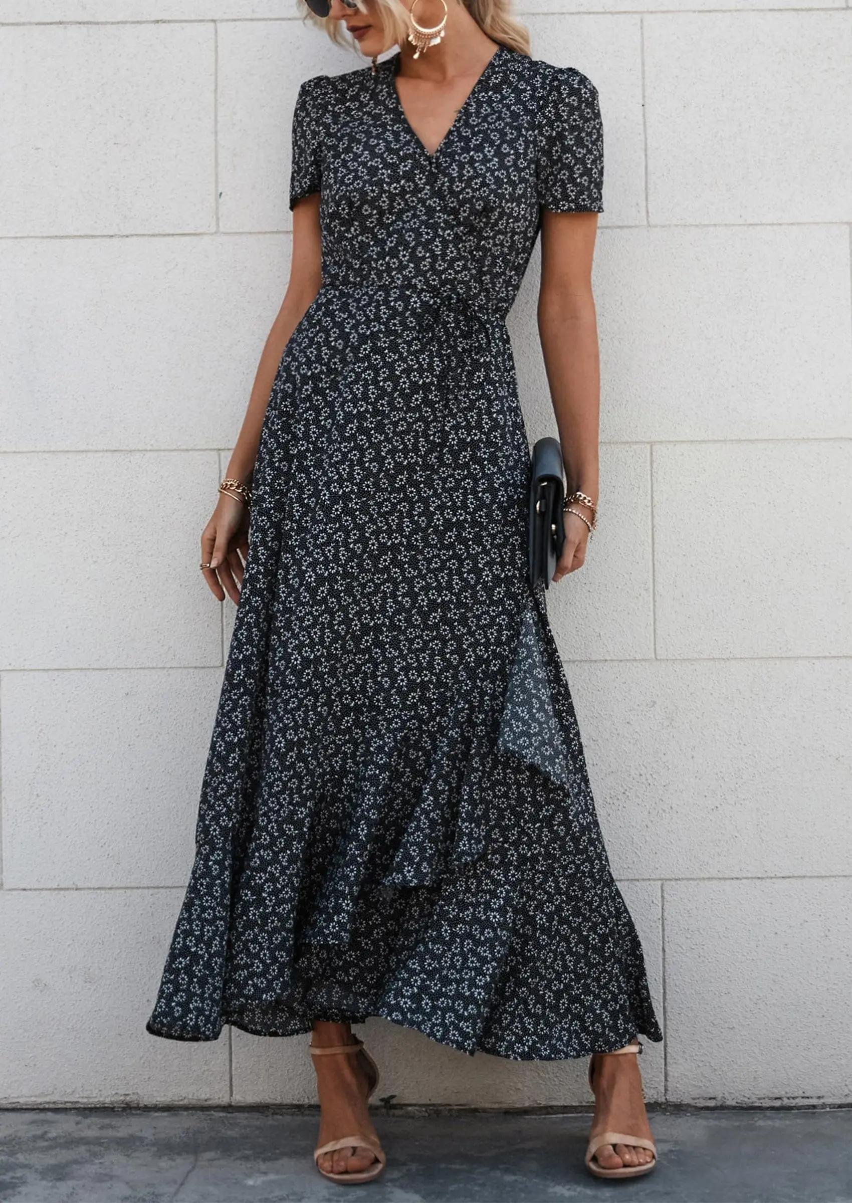 PRETTYGARDEN Women's Summer Maxi Dress Casual Wrap Floral Boho Short Sleeve V Neck Split Ruffle Beach Long Dresses - Image 41