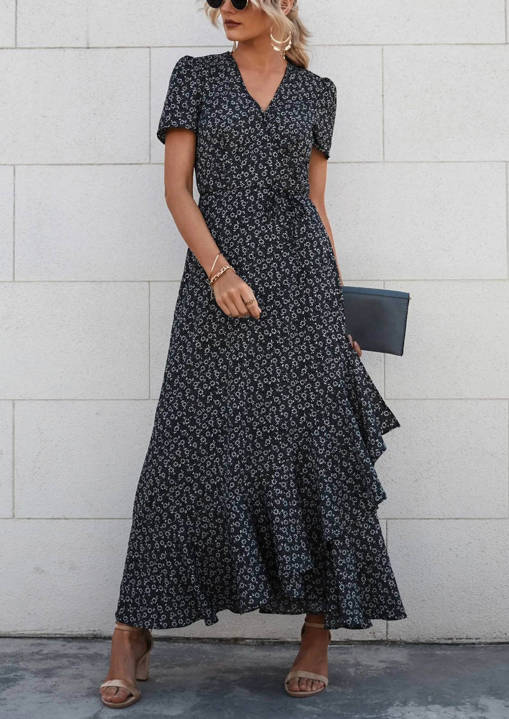 PRETTYGARDEN Women's Summer Maxi Dress Casual Wrap Floral Boho Short Sleeve V Neck Split Ruffle Beach Long Dresses - Image 45