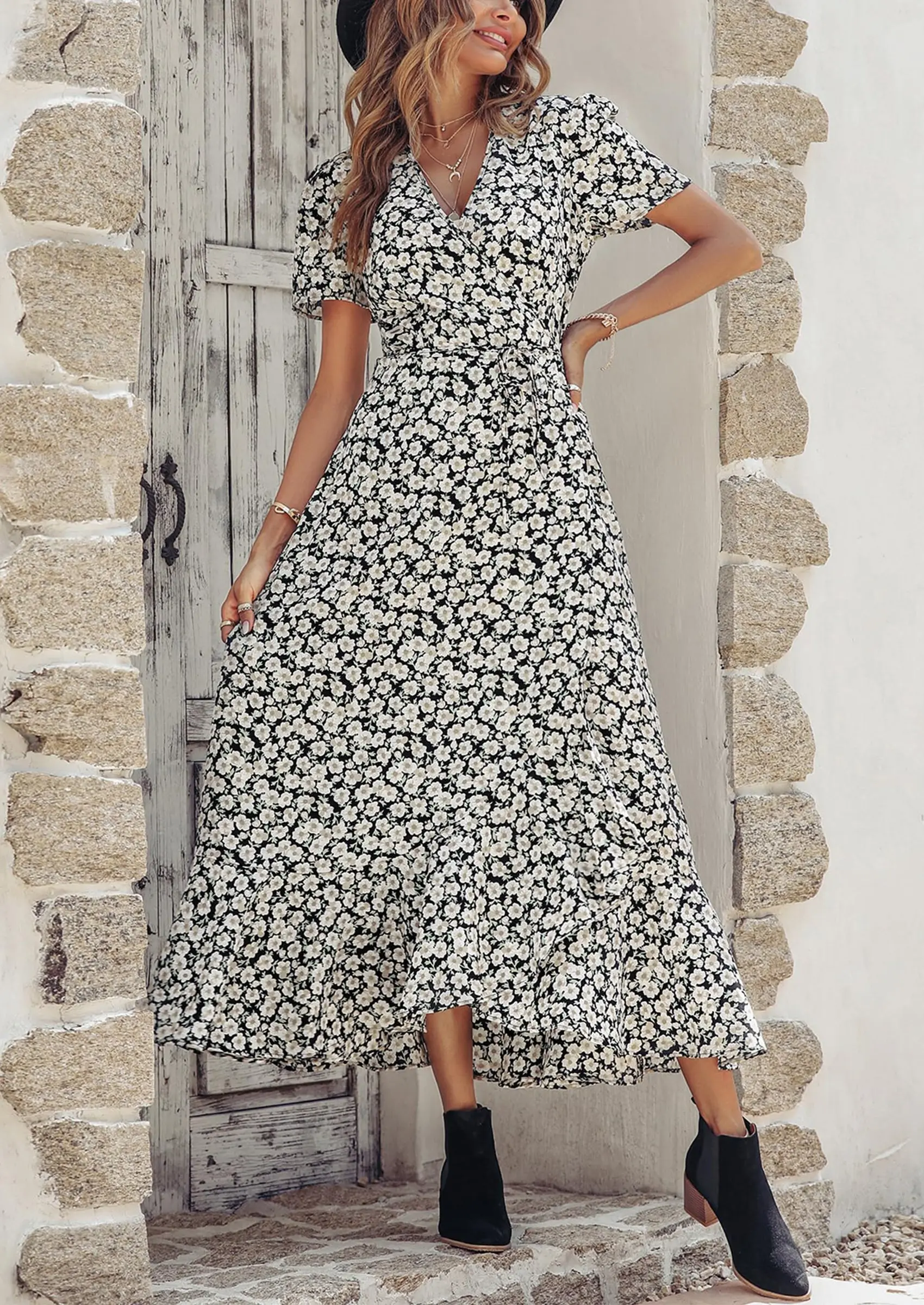 PRETTYGARDEN Women's Summer Maxi Dress Casual Wrap Floral Boho Short Sleeve V Neck Split Ruffle Beach Long Dresses - Image 46