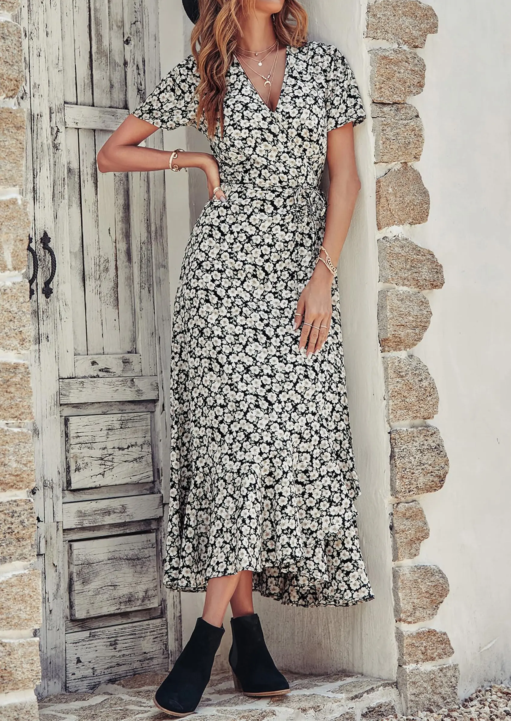 PRETTYGARDEN Women's Summer Maxi Dress Casual Wrap Floral Boho Short Sleeve V Neck Split Ruffle Beach Long Dresses - Image 47