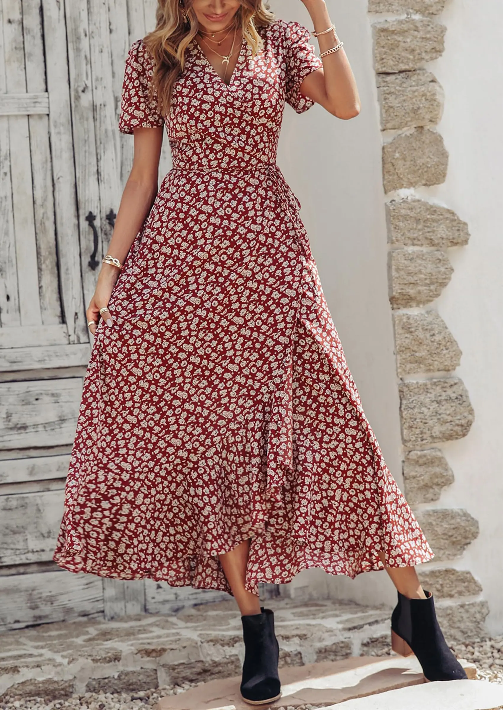 PRETTYGARDEN Women's Summer Maxi Dress Casual Wrap Floral Boho Short Sleeve V Neck Split Ruffle Beach Long Dresses - Image 5