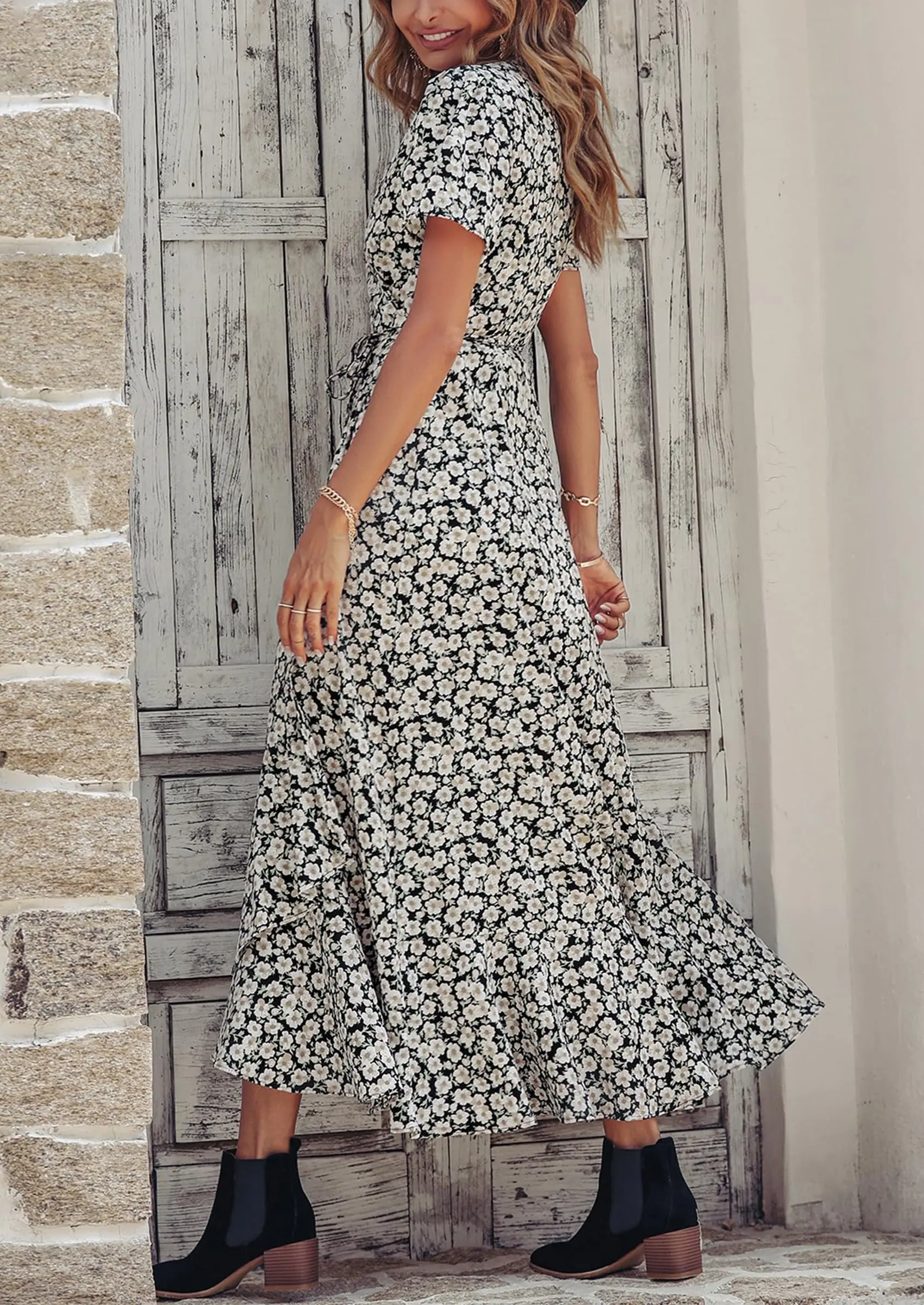 PRETTYGARDEN Women's Summer Maxi Dress Casual Wrap Floral Boho Short Sleeve V Neck Split Ruffle Beach Long Dresses - Image 50