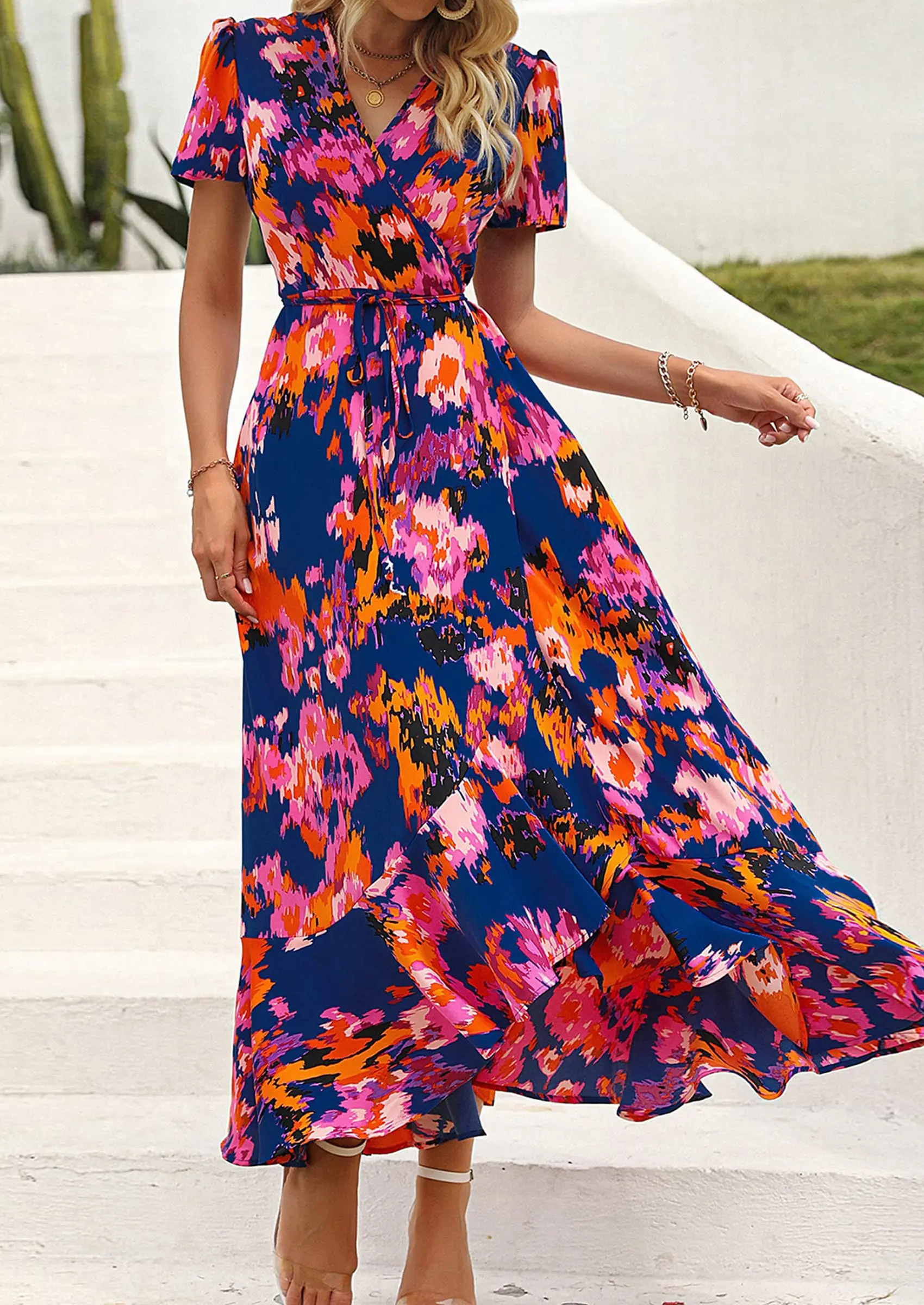 PRETTYGARDEN Women's Summer Maxi Dress Casual Wrap Floral Boho Short Sleeve V Neck Split Ruffle Beach Long Dresses - Image 51