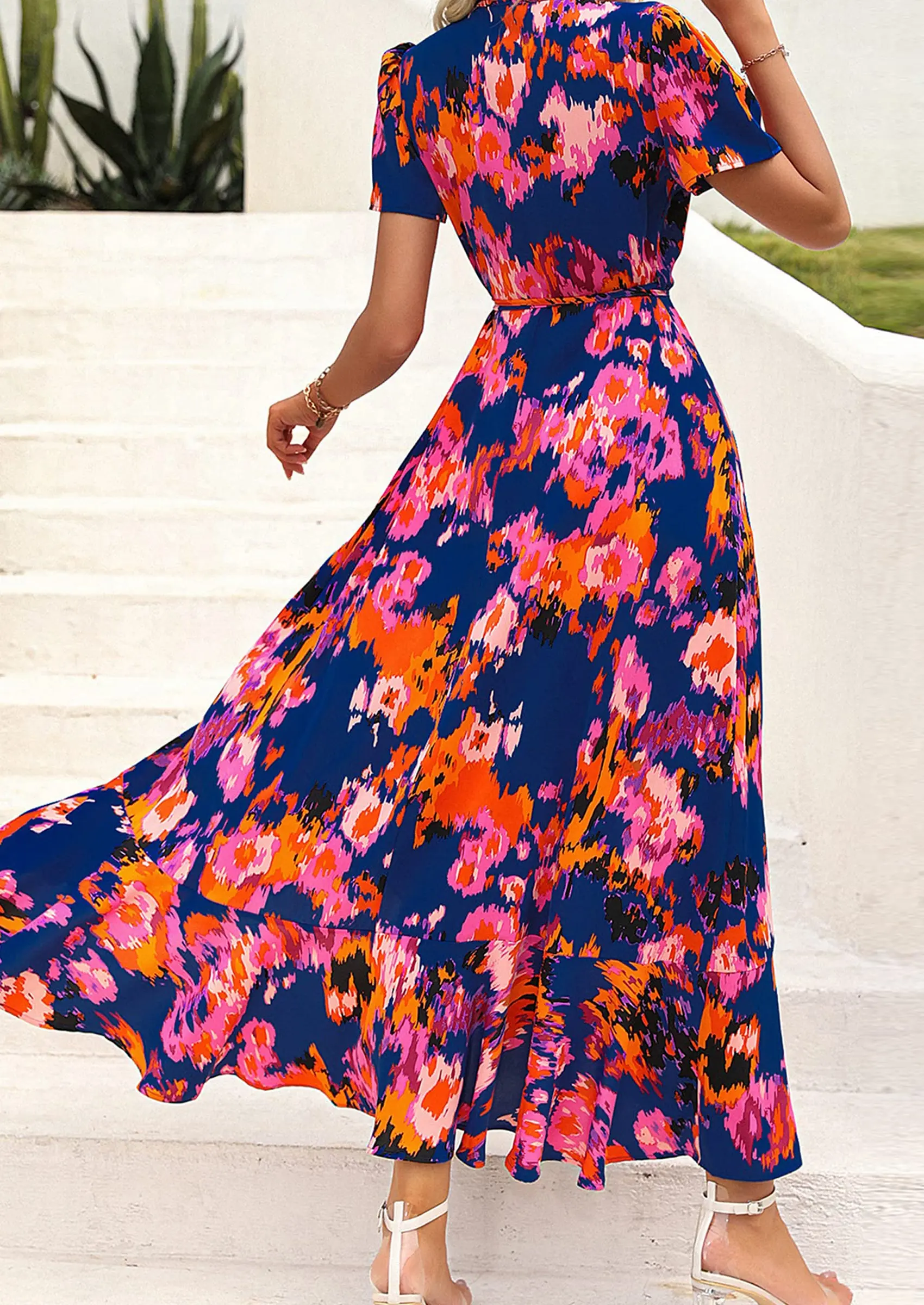 PRETTYGARDEN Women's Summer Maxi Dress Casual Wrap Floral Boho Short Sleeve V Neck Split Ruffle Beach Long Dresses - Image 53