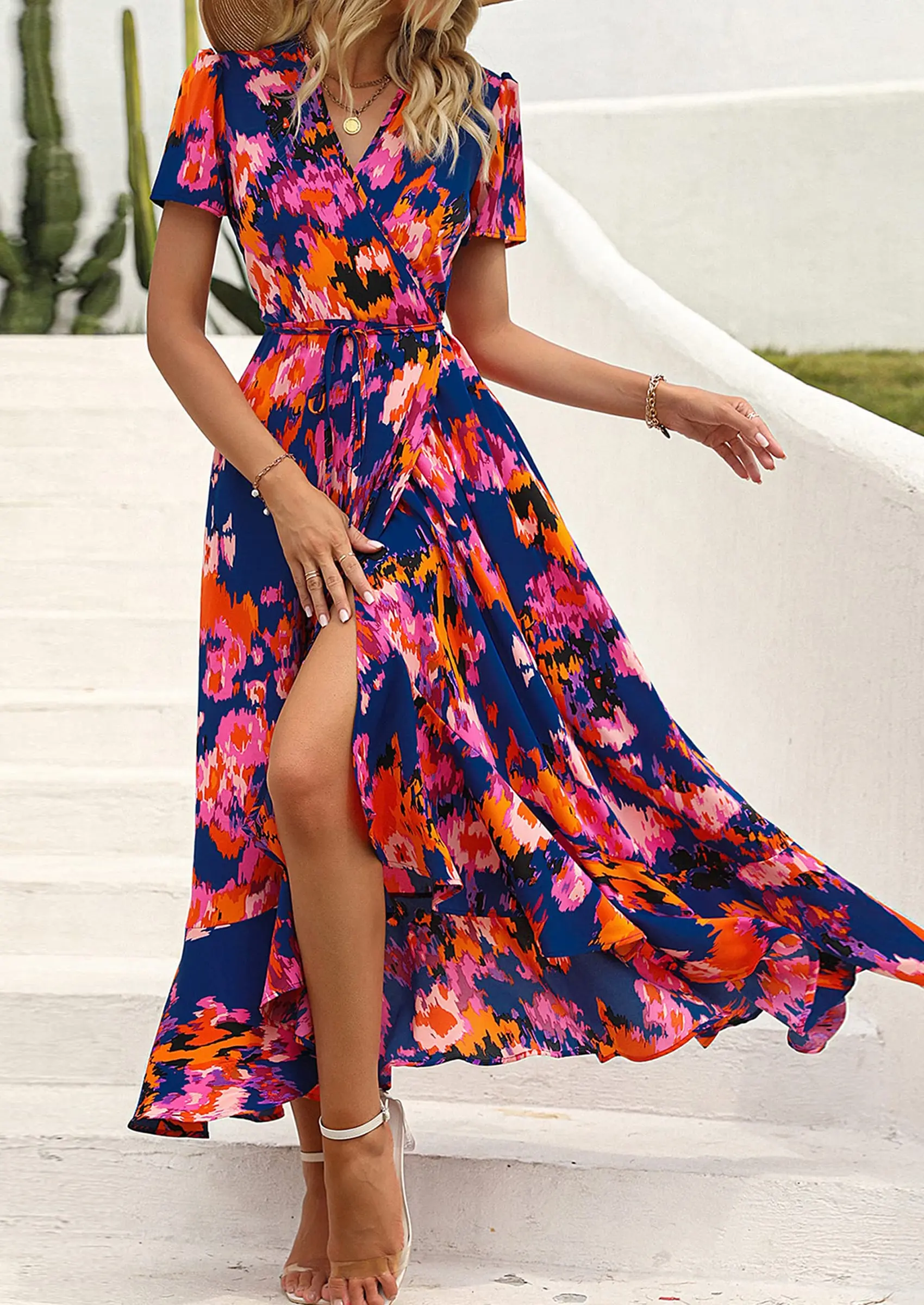 PRETTYGARDEN Women's Summer Maxi Dress Casual Wrap Floral Boho Short Sleeve V Neck Split Ruffle Beach Long Dresses - Image 54